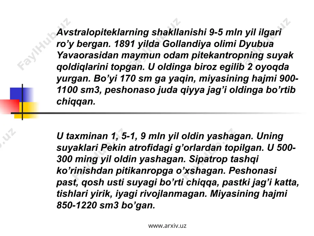 gi aralash turlar xam ko’payib bormoqda. turli irqlar o’rtasidagi aralash irqlar 2 guruhga bo’linadi! “qadimgi aralash formalar, o’rta asr va yangi davr formalari”. endi asosiy katta irqlar va aralash irqlar formalarning geografik tarqalishi bilan qisqacha tanishib o’tamiz. www.arxiv.uz www.arxiv.uz yevropoid irqi: dunyo aholisining 40% ni o’z ichiga oladi. bu katta irq hozirgi kunda 3-guruhga “shimoliy yevropoid, o’rta yevropoid, janubiy yevropoid” guruhlariga bo’linadi. 1) shimoliy yevropada yashovchi shimoliy guruh vakillarining bo’yi novcha, sochi (jingalak) sariq, ko’k ko’zli bo’ladi. 2) o’rta yevropoid guruhi esa: bu irq vakillarining shimoliy yevropoiddan farqli sochlari silliq, yuz-tuzilishi, gavda tuzilishida keyingi qaydlarda farq yuzaga kelmoqda. 3) janubiy yevropa, shimoliy afrika, old osiyo, shimoliy xindistonda yashovchi janubiy guruh vakillarining bo’yi novcha, terisi qorachadan kelgan, sochi qora, ko’xi qora bo’ladi. balqon yarim oroli xalqlari esa boshi dumaloq. qora sochli bo’lib, ular ham shu guruhga mansubdirlar. “dilara irqi deb xamyuritiladi”. www.arxiv.uz www.arxiv.uz ”. mongoloid irqi: dunyo aholisining 20%ini o’z ichiga …