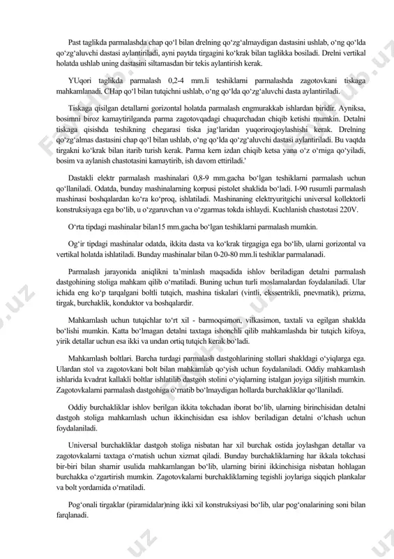 ishi kerak. chap qo‘l bilan asbobning kesuvchi qirrasiga yaqin joydan ushlab, o‘ng qo‘l bilan aylanayotgan tosh sirtiga parmani tekkiziladi. keyin aylanayotgan toshdan uzmagan holda o‘ng qo‘l bilan parmani o‘z o‘qi atrofida burib orqa sirti charxlanadi. charxlashda parmani suyuqlik bilan sovutiladi va qirovi brusokda uzil-kesil to‘kiladi. katta diametrli parmalarni maxsus charxlash dastgohlarida charxlanadi. parmalash maxsus dastgohlarda bajariladi qo‘l etmaydigan nokulay joylardagi teshiklarni dastakli parma, tartarak, dastakli elektr va pnevmatik parmalash mashinalarda parmalanadi. qo‘l dreli bilan 0,10 mm gacha bo‘lgan teshiklarni parmalashmumkin. drel shpindel, vallar, tishli g‘ildiraklar, tayanch va richagga o‘rnatilgan dastadan tuzilgan. u ikki tezlikli bo‘lib, dastlab detalni tiskaga qisiladi, keyin dastani aylantirib shpindelga aylanma harakat uzatiladi. past taglikda parmalashda chap qo‘l bilan drelning qo‘zg‘almaydigan dastasini ushlab, o‘ng qo‘lda qo‘zg‘aluvchi dastasi aylantiriladi, ayni paytda tirgagini ko‘krak bilan taglikka bosiladi. drelni vertikal holatda ushlab uning dastasini siltamasdan bir tekis aylantirish kerak. yuqori taglikda parmalash 0,2-4 mm.li teshiklarni parmalashda zagotovkani tiskaga mahkamlanadi. chap …