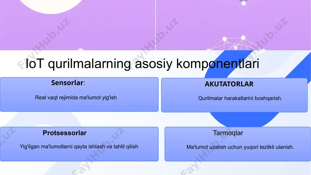 lar tizimning fizikal harakatlari va javoblarini ta'minlaydi. protsessorlar katta hajmdagi ma'lumotlarni qayta ishlash uchun mo'ljallangan. tarmoqlar iot muhitida qurilmalar o'rtasida uzluksiz aloqani ta'minlaydi iot qurilmalarning asosiy komponentlari sensorlar : real vaqt rejimida ma'lumot yig'ish akutatorlar qurilmalar harakatlarini boshqarish. protsessorlar yig'ilgan ma'lumotlarni qayta ishlash va tahlil qilish tarmoqlar ma'lumot uzatish uchun yuqori tezlikli ulanish. iot qurilmalarda raqamli tuzilmalar iot qurilmalardagi raqamli tuzilmalar – bu iot tizimlarining samaradorligini oshirish, ma’lumotlarni tahlil qilish va ma’lumotlardan qiymat yaratishda yordam beradigan qurilmalar, protsessorlar, ma’lumotlar bazalari, ulanish tarmoqlari va dasturiy platformalardan iborat bo‘lgan strukturalar majmui. iot qurilmalarining asosiy vazifasi – axborot oqimlarini o‘zaro ulashish, ma’lumotlarni qayta ishlash va shunday ma’lumotlardan samarali echimlar topishga qaratilgan bo‘lishi kerak. smart tizimlarning qo‘llanilish sohalari 1 sanoat aqlli zavodlar, avtomatlashtirilgan ishlab chiqarish liniyalari 2 transport: avtonom avtomobillar va yo‘l harakati boshqaruvi. 3 qishloq xo‘jaligi aqlli sug‘orish tizimlari, o‘simlik monitoringi. 4 uy xo‘jaligi: aqlli uylar, xavfsizlik tizimlari va energiya boshqaruvi. smart tizimlarning …