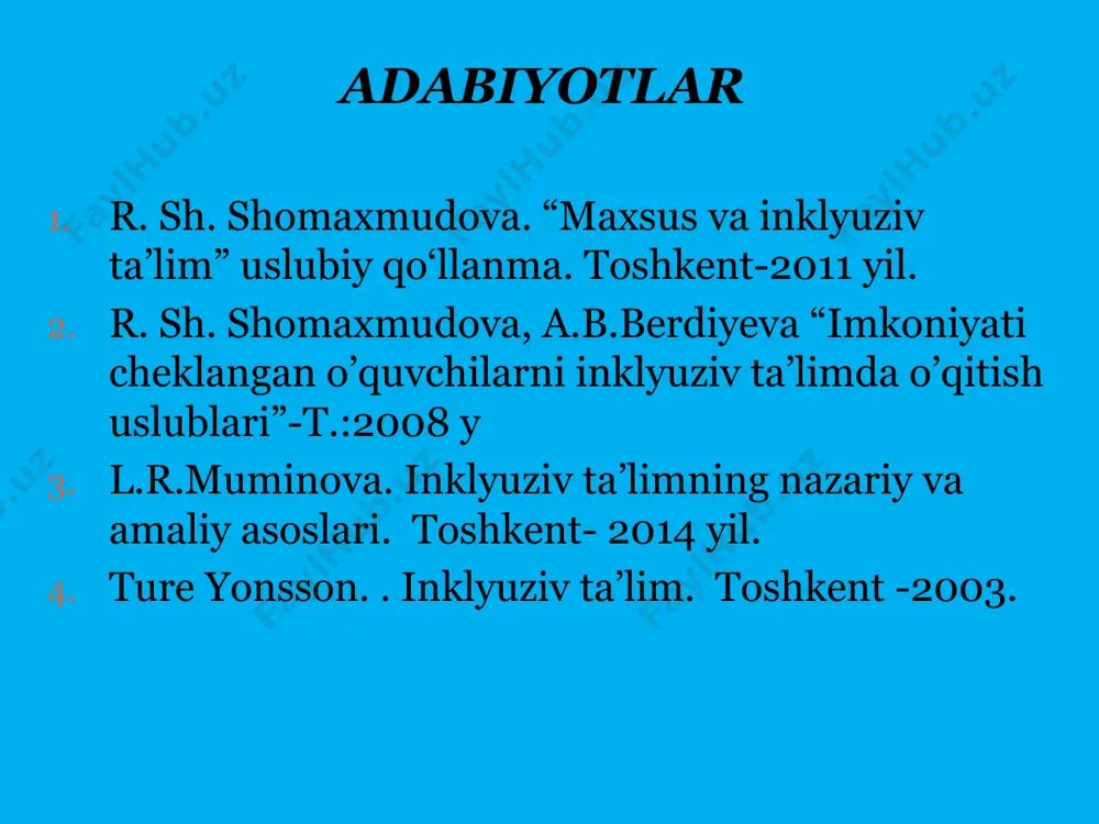 inklyuziv ta’limda kompleks yondashishi tamoyili. 6). inklyuziv ta’limda moslashuvchanlik tamoyili. 7). malakaviylik tamoyili. fanning ob’ekti inklyuziv ta’limning mazmuni, mohiyatini o’rganish jarayoni fanning predmeti imkoniyati cheklangan bolalar inklyuziv ta’limining shaklari, metodlari va vositalari fanning vazifalari inklyuziv ta’limning mazmun-mohiyatini nazariy va amaliy jihatdan o’rganish inklyuziv ta’limning turlari va unga jalb qilish yo’llarini tahlil qilish inklyuziv ta’limning samarali usul va yo’llarini tadqiq qilish. inklyuziv ta`lim muammolari ko`plab davlatlarda inklyuziv ta`lim joriy etish davlat normativ hujjatlarida qayd qilinmaganligi: nogiron bolalarga nisbatan salbiy munosabat imkoniyati cheklangan bolalarning jamolarda ko`rinmaslik muammosi imkoniyati cheklangan bolalarning maktabda ko`rinmaslik muammosi moddiy mablag` yetishmasligi muammosi ta`lim muassasalarini inkluziv ta`limiga moslashtirish muammosi sinfda o`quvchilarga qarab kamsitish muammolari kambag`allik jinsiy tafavutlarga qarab kamsitish imkoniyati cheklangan bolalarning boshqalarga qaramligi kadrlar masalasidagi muammolari inklyuziv ta`lim qoidalari 1.insonning qadr-qimmati uning qobiliyati va yutug`iga bog`liq emas. 2.har bir inson o`ylash va his qilish qobiliyatiga ega 3.har bir kishi eshitish va muloqat qilish qobiliyatiga ega. 4. har …