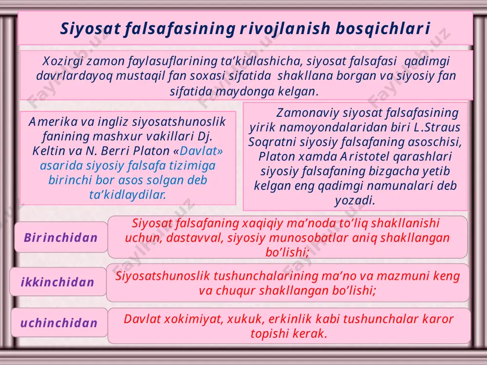 siyosatning kesishgan joyini o’rganuvchi fan soxasi bo’lib, siyosiy munosobatlarni dunyoqarash nuqtai nazaridan taxlil qiladi. u o’z ichiga siyosiy ontologiya (borliq), aksiologiya (qadriyatlar), epistemologiya (bilish to’g’risidagi ta’limot), metodologiya, praksiologiya (amaliyot to’g’risidagi ta’limot) larni o’z ichiga oladi. siyosat falsafasi uchun siyosat dunyosining, erkinlik, tenglik, adolat kabi qator tamoyillari falsafiy fikr yuritish manba’yidir. u siyosiy munosobatlarning «qayerda?», «qachon?», «qanday?», «kimlar tomonidan?» kabi savollarini faoliyatga va siyosiy xayotning umumiy yo’nalishiga qaratadi. har qanday siyosat inson xayotiy faoliyatining muxim soxasi sifatida, o’z falsafiy mazmuniga ega. bu ma’noda siyosat falsafasi-siyosiy faoliyatning tarkibiy qismidir. siyosat dunyosi obyektiv borliq sifatida mavjud bo’lish bilan birga, g’oyalar tarzida ham namoyon bo’ladi, yani siyosat g’oyasi ma’naviy borliq sifatida tushunchalar, kategoriyalarda ifodalanadi. siyosat falsafasi siyosiy dunyodagi butun bilan, umum bilan yakka, nazariya bilan amaliyotning o’zaro nisbati, erkinlik, adolat, tenglik, ozodlik masalalarini bir butun xolda o’rganadi. siyosat falsafasi doirasiga xokimiyat moxiyati, xokimiyat munosobatlari, davlatga oid bo’lgan g’oyalar kiradi. siyosat falsafasi antik davr mutafakkirlari …