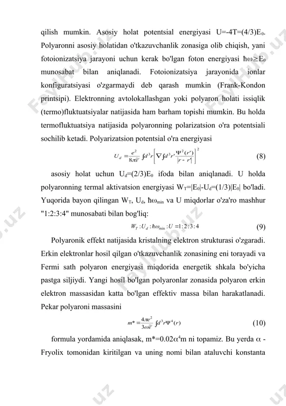 iya yordamida unga nisbatan g'alayonlanish nazariyasi usulini qo'llay olish mumkin bo'ladigan holga keltiriladi. yani hf ustidan ht=eshfe-s amali bajariladi, bu yerda s - transformatsiya generatori deb ataluvchi operator bo'lib (16) ko'rinishda qabul qilinadi. bu transformatsiya bajarilishini batavsil ko'rib chiqaylik. (17) embed equation.3 (18) oxirgi formuladan ko'rinib turibdiki, ht ni topishimiz uchun oldiniga va operatorlari transformatsiyalarini topishimiz lozim ekan. jumladan, ni (19) deb sodda qilib yoza olamiz. (17) munosabatga ko'ra (20) va elektron koordinatasiga bog'liq bo'lmaganligi bois qatorning hadidan boshlab katta darajali hadlari nolga teng bo'ladi. natijada (21) ni topamiz. shu bois, transformatsiyalangan elektron kinetik energiyasi operatorini (22) shaklida yozamiz. endi etiborimizni boze operatorlari transformatsiyasiga qaratamiz. misol uchun transformatsiyasini topamiz ( ni h.c. amalini bajarib topsa bo'ladi). biz umumiyroq transformatsiyani ko'rib chiqamiz, chunki keyinchalik (=1 deya qabul qilib, bizga kerakli bo'lgan ifodani olishimiz mumkin. oxirgi ifodadan ( bo'yicha hosila olamiz: . (23) (23) formulani olishda s va es operatorlar o'zaro kommutatsiya …