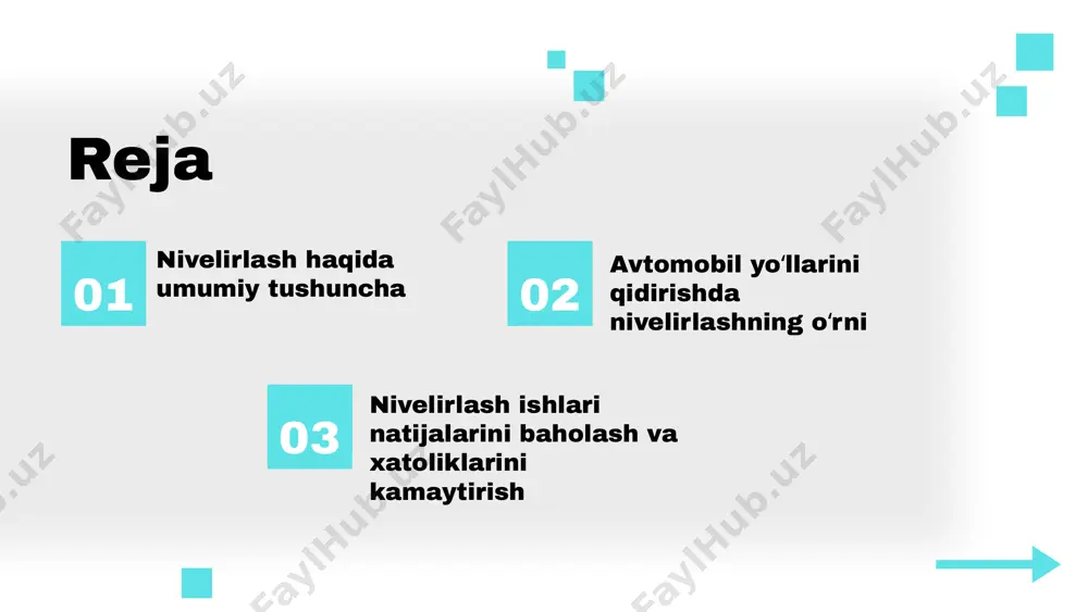 ni qanday qilib muvaffaqiyatli qo'llash mumkinligini o'rganishga yordam beradi. nivelirlash jarayoni nivelirlash jarayoni 3 asosiy bosqichdan iborat: 1) reja tuzish; 2) o'lchovlarni bajarish; 3) natijalarni tahlil qilish. har bir bosqichda aniqlik va sifat muhim ahamiyatga ega. zamonaviy texnologiyalar, masalan, gps va lazerli uskunalar, nivelirlash jarayonini optimallashtirishda qo'llaniladi. bu usullar jarayonni tezlashtiradi va aniqlikni oshiradi. metodlar va doimiy monitoring jarayoning muhim qismidir. ular tayyorlangan reja asosida bajarilishi va natijalar doimiy ravishda nazorat qilinishi kerak. nivelirlashda foydalaniladigan asboblar nivelirlash jarayonida foydalaniladigan asboblar quyidagilarni o'z ichiga oladi: nivelir, teodolit va lazer nivelir. har bir asbobning o'ziga xos vazifalari bor va ulardan foydalanish jarayonida aniq natijalarga erishish uchun muhim ahamiyatga ega. 1. nivelir: yerning sirtini tekislash va balandlikni aniqlash uchun ishlatiladi. 2. teodolit: burchaklarni o'lchash va yo'nalishlarni belgilashda qo'llaniladi. 3. lazer nivelir: yuqori aniqlik bilan o'lchovlar olib, to'g'ri chiziq va tekisliklar hosil qilishda yordam beradi. asboblar bilan ishlashda xavfsizlik choralari muhimdir. xavfsizlik ko'zoynaklari va …
