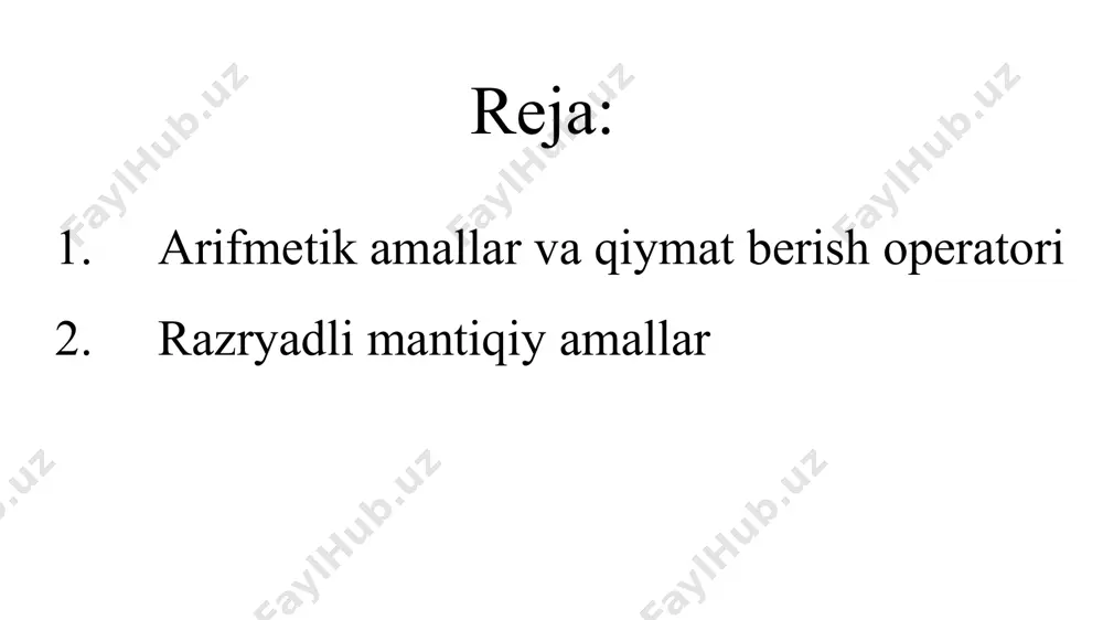 shu maqsadda ishlatsa bo‘ladi. boshqa tomondan, bayroq sifatida baytning razryadlaridan foydalanish ham mumkin. chunki razryadlar faqat ikkita qiymatni – 0 va 1 sonlarini qabul qiladi. bir baytda 8 razryad bo‘lgani uchun unda 8 ta bayroqni kodlash imkoniyati mavjud. quyidagi jadvalda python tilida bayt razryadlari ustida mantiqiy amallar majmuasi keltirilgan. bayt razryadlari ustida mantiqiy amallar amallar mazmuni and yoki & mantiqiy va (ko‘paytirish) or yoki | mantiqiy yoki (qo‘shish) xor yoki ^ istisno qiluvchi yoki mantiqiy amallar dasturda buyruqlar bajarilish tartibini boshqarish imkoniyatini beradi hamda tarmoqlanuvchi va takrorlanuvchi operatorlar bilan birga qo‘llaniladi. razryadli mantiqiy amallarning bajarish natijalarini jadval ko‘rinishida ko‘rsatish mumkin. razryadli mantiqiy amallarni bajarish natijalari 1-masala. a butun soni berilgan. jumlani rostlikka tekshiring: “a soni toq son”. 2-masala. ikkita butun a va в sonlari berilgan. jumlani rostlikka tekshiring: “a>2 va b<=3”. 3-masala uchta а, в, с butun sonlar berilgan. jumlani rostlikka tekshiring: “a<=в<=с”. 4-masala. uchta а, в, с butun sonlar …