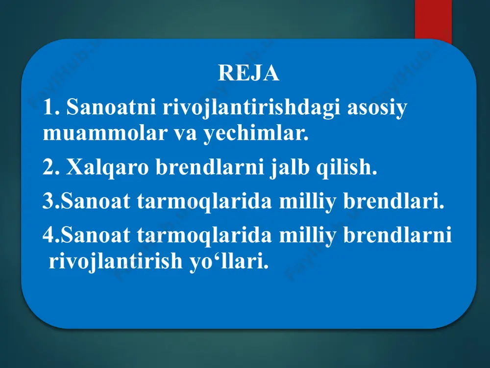 beradi va bozorning yangi qismlariga kirish imkoniyatlarini yaratadi. raqobatbardoshlikni oshirish: mahalliy mahsulotlarni global bozorga moslashtirish uchun innovatsion texnologiyalarni joriy etish, mahsulot sifatini oshirish, va marketing strategiyalarini kuchaytirish zarur. sarmoya jalb qilish: mahalliy sanoatga sarmoyalar jalb qilish, xususan, xalqaro investorlar bilan hamkorlikni kuchaytirish, yangi texnologiyalarni va uskunalarni olib kelish imkoniyatlarini yaratadi. qonunchilikni isloh qilish: sanoatni rivojlantirishga qaratilgan qonunlarni takomillashtirish, iqtisodiy muhitni yaxshilash va sanoatni qo‘llab-quvvatlashga yo‘naltirilgan qonunlarni joriy etish zarur. xalqaro brendlar — bu dunyodagi eng mashhur va yuqori sifatli mahsulotlarni ishlab chiqaruvchi kompaniyalardir. xalqaro brendlarni jalb qilish orqali, mamlakat sanoatiga sarmoyalar, yangi texnologiyalar, boshqaruv tajribasi va global bozorlar bilan aloqalar kiradi. xalqaro brendlarni mamlakatga jalb qilishning bir nechta yo‘llari mavjud. xalqaro brendlarni jalb qilish yo‘llari: 1.investitsiya shartnomalari. 2.soliq imtiyozlari. 3.sanoat klasterlari. 4.xalqaro bozorlarni o‘rganish va eksportni oshirish. misol uchun: samsung electronics va toyota kabi kompaniyalar o‘z faoliyatini global miqyosda kengaytirib, texnologiyalar va ishlab chiqarish quvvatlarini boshqa davlatlarga olib kelgan. bu, …