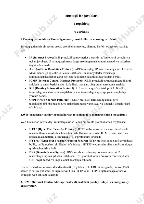 alanadi: · http (hypertext transfer protocol): http web-brauzerlar va serverlar o'rtasida ma'lumotlarni almashish uchun ishlatiladi. brauzer serverdan html, rasm, video va boshqa ma'lumotlarni olish uchun http protokolini ishlatadi. · https (hypertext transfer protocol secure): http protokolining xavfsiz versiyasi bo‘lib, ma’lumotlarni shifrlashni ta’minlaydi. https web-saytlar bilan xavfsiz muloqot qilish uchun ishlatiladi. · dns (domain name system): dns web-brauzerlarning domen nomlarini ip manzillarga tarjima qilishda ishlatiladi. dns protokoli orqali brauzerlar web-saytlarni url orqali topadi va unga ulanishni amalga oshiradi. brauzer ishlash mexanizmi shundan iboratki, foydalanuvchi url ni kiritganda, brauzer dns serveriga so‘rov yuboradi, so‘ngra server bilan http yoki https orqali aloqaga o‘tadi va so‘ralgan web sahifani yuklaydi. 3. icmp (internet control message protocol) protokoli qanday ishlaydi va uning asosiy xususiyatlari: icmp, tarmoqda xatoliklar va xabarlar yuborish uchun ishlatiladigan protokoldir. asosan, tarmoqdagi tahlillar va diagnostika uchun ishlatiladi. icmp protokoli quyidagi vazifalarni bajaradi: · ping: icmp yordamida tarmoqdagi boshqa kompyuterga ping so‘rovi yuboriladi va …