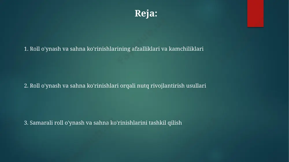 foydalanib, obʼyektiv baholar berishadi va fikr almashishadi. dialoglarni yozish va takomillashtirish dialoglardagi noaniqliklarni yo'qotish va tushunarliligini oshirish uchun har bir replikangi ichiga 1-2 ta aniq, konkret tafsilotlar kiritish muhim. dialoglarni yozishda 2-3 nafar aktyor uchun har biri 5-7 galchadan iborat qisqa, dinamik replikalarga ega bo'lgan variantlarni tanlash maqsadga muvofiq. dialoglarni takmillashtirishda, emotsional va intonatsion boylikka ega bo'lishi uchun kamida 3 xil ovoz tembri va 2 ta pauzani qo'llash samarali. rol o'ynash va sahna ko'rinishlarining ta'rifi rol oʻynash – bu 2 yoki undan ortiq ishtirokchi tomonidan oʻzaro munosabatlarni, muloqotni, turli xulq-atvor modellari va stsenariylarni namoyish qilish orqali nutq koʻnikmalarini rivojlantirish usuli hisoblanadi. rol oʻynash va sahna koʻrinishlari, 5 dan 20 minutgacha davom etishi mumkin boʻlgan, improvizatsiya elementlaridan foydalanishni oʻz ichiga oladigan, nutqni, ijodiy fikrlashni va muloqot malakalarini yaxshilashga qaratilgan oʻquv mashgʻulotlarining samarali usullaridir. sahna koʻrinishlari – oldindan tayyorlangan ssenariy asosida 2 yoki undan ortiq aktyorlarning oʻzaro munosabatlarini aks ettiruvchi, aniq dialog …