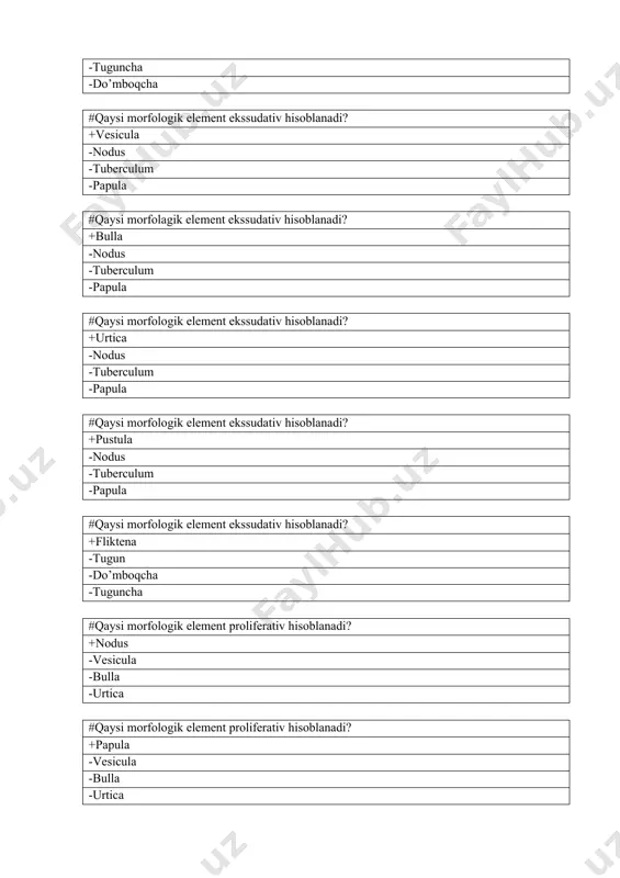 qlarda -boshning sochli qismida -tirnoq atrofidagi yostiqchalarda #infiltrativ – yiringli trixofitiyaga xos bo’lgan symptom? +asal ari uyasi simptomi -vud lampasi ostida yashil nurlanish -baltser sinamasi -pinkus simptomi #borovskiy kasalligini shahar turida infeksiya manbai: +odam -kemiruvchilar -qo’shqanotlilar -yovvoyi hayvonlar #borovskiy kasalligini qishloq turida infeksiya manbai: +kemiruvchilar -odam -qo’shqanotlilar -yovvoyi hayvonlar #teri leyshmaniozini shahar turi o’rtacha qancha muddat davom etadi? +1 yil atrofida -2 hafta -3 – 4 oy -2 – 8 hafta #teri leyshmaniozini qishloq turi o’rtacha qancha muddat davom etadi? +2 – 6 oy -1 yil atrofida -bir necha yil -bir necha kun #mohovda infeksiya manbayi bo’lib hisoblanadi: +odam -yovvoyi hayvonlar -uy hayvonlari -kemiruvchilar #mohov mikobakteriyalari bemordan olingan qaysi materialda ko’proq aniqlanadi? +leproma va burun shillig’ qavatini qirindisida -ter bezlari sekretida -siydikda -yog’ bezlari sekretida #o’tkir uchli kandilomalarni qaysi virus chaqiradi? +filtrlanuvchi virus -suvchechak virusi -oddiy gerpes virusi -sitomegalovirus #yuqumli mollyusk – bu: +papula -eritema -pustula -vezikula #chin ekzema turini …