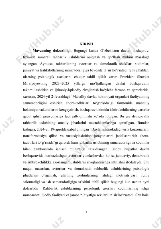 o‘zbekistonda rahbarlik madaniyati va uning psixologik jihatlarini o‘rganish sohasida ko‘plab magistrlik va doktorlik dissertatsiyalari himoya qilingan. masalan, b. axmedov rahbarlik uslublarining samaradorligi va xodimlarning tashabbuskorligini o‘rganib, demokratik rahbarlikning tashkilotdagi ijobiy ijtimoiy-psixologik muhit yaratishda asosiy omil ekanligini qayd etadi. shu bilan birga, o‘zbek olimlari rahbarlik uslubini tanlashda milliy madaniyat va an’analar ham muhim rol o‘ynashini ta’kidlab, rahbarlik psixologiyasini milliy kontekstda tahlil qilish zarurligini belgilab berganlar. umuman olganda, avtoritar va demokratik rahbarlik uslublarining psixologik jihatlari bo‘yicha o‘zbek olimlari tomonidan olib borilgan tadqiqotlar mavzuning o‘rganilganlik darajasi yuqori ekanligini ko‘rsatadi. biroq, yangi iqtisodiy va ijtimoiy sharoitlarda rahbarlik uslublarining zamonaviy psixologik mexanizmlarini o‘rganish va amaliyotga tatbiq etish istiqbollari hali ham keng izlanishni talab qiladi. kurs ishining maqsadi. avtoritar va demokratik rahbarlik uslublarining psixologik jihatlarini o‘rganish va ularning xodimlar hamda jamoa ruhiyatiga ta’sirini tahlil qilishdan iborat. maqsad doirasida rahbarlikning turli uslublari qanday psixologik mexanizmlar orqali ish samaradorligi, motivatsiya, stress va ijodiy faoliyatga ta’sir ko‘rsatishini aniqlash nazarda …