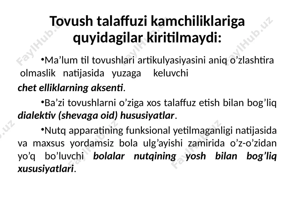 ari: 1) ko’ndalang kesimi me’yordagi tanglay keng va tekis tanglay baland va tor tanglay 2) uzunasiga kesimi gumbazsimon tangay qiyasimon tanglay tik tanglay tanglay kamchiliklari(gotik tanglay) mexanik dislaliyada tovush talaffuzini buzilishi bir guruhga kiruvchi tovushlar talaffuzi buziladi (oldingi ochiq prukusda til oldi tovushlari s,z,j,ch,t,d,n,l) tovush talaffuzi kamchiliklari tovushni buzib talaffuz etishda namoyon bo’ladi biroq artikulyasion apparatning anatomik kamchiliklari tovush talaffuzini buzilishlariga moyillik yaratib, ularning 33% dagina talaffuz kamchiliklari kuzatiladi. funksional dislaliya funksional dislalaliya asosida bosh miya yarim sharlari ishini funksional buzilishlari tashkil etadi. u ikki shaklga ega: motor funksional dislaliya – nutq harakat analizatori markaziy bo’limini funksional buzilishlari bo’lib, lab va til harakatlaridagi beso’naqaylikda namoyon bo’ladi. mazkur beso’naqayliklar tovushlar talaffuzidagi noaniqsizliklarga olib keladi. funksional dislaliyaning bu turida to’liq almashtirishlar kuzatilmaydi. sensor funksional dislaliya – nutq eshituv analizatori markaziy bo’limini funksional buzilishlari bo’lib, akustik va artikulyasion tomondan yaqin tovushlarni farqlashdagi qiyinchiliklarda namoyon bo’ladi. funksional dislaliyaning bu turida bir tovushni boshqasi bilan …