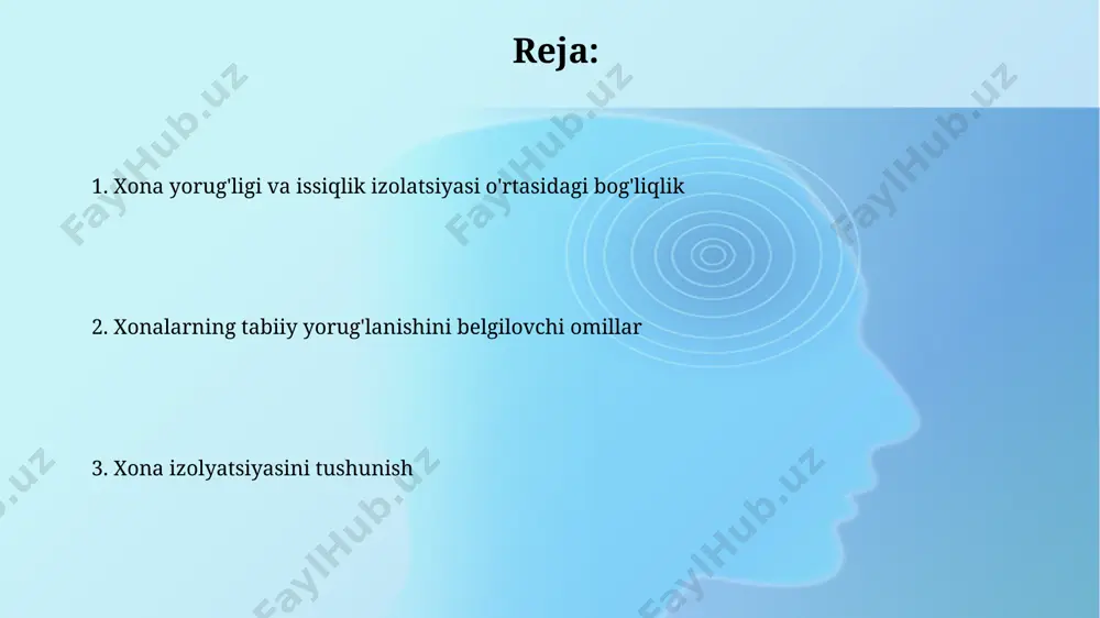 k darajasiga sezilarli ta'sir qiladi. masalan, 3 metrli shiftli xona, 2,5 metrli shiftli xonaga nisbatan, samarqanddagi janub tomonga qaragan xonada yorug'roq bo'ladi. izolyatsiya materiallari turlari mineral jun turlari, masalan, tosh jun va shisha jun, ovoz yutish koeffitsienti 0,8 dan yuqori bo'lib, rossiya va qozog'iston kabi mamlakatlardan import qilinadi va 50 mm dan 200 mm gacha qalinliklarda qo'llaniladi. ekstruziya polistirol ko'piklari (eps) energiya tejash koeffitsienti 0,035-0,040 w/mk bo'lib, issiqlik o'tkazuvchanligi pastligi bilan ajralib turadi va germaniya texnologiyalari asosida o'zbekistonda ishlab chiqariladi. issiqlik o'tkazuvchanligi va issiqlik qarshiligi devorning issiqlik qarshiligi (r) uning qalinligi va issiqlik o'tkazuvchanligiga bog'liq. masalan, 20 sm qalinlikdagi g'isht devor samarqanddagi uyda 0,25 m²k/w ga yaqin issiqlik qarshiligiga ega bo'ladi. issiqlik o'tkazuvchanligi koeffitsiyenti (k) yog'och uchun 0,15-0,20 w/(m·k) oralig'ida, g'isht uchun esa 0,6-0,8 w/(m·k) ga yetishi mumkin, bu esa toshkentdagi binolarning issiqlik yo'qotishlariga sezilarli ta'sir ko'rsatadi. tabiiy yorug'likning ahamiyati uy ichidagi tabiiy yorug'likning sifatini oshirish orqali, energiya iste'moli 15% …