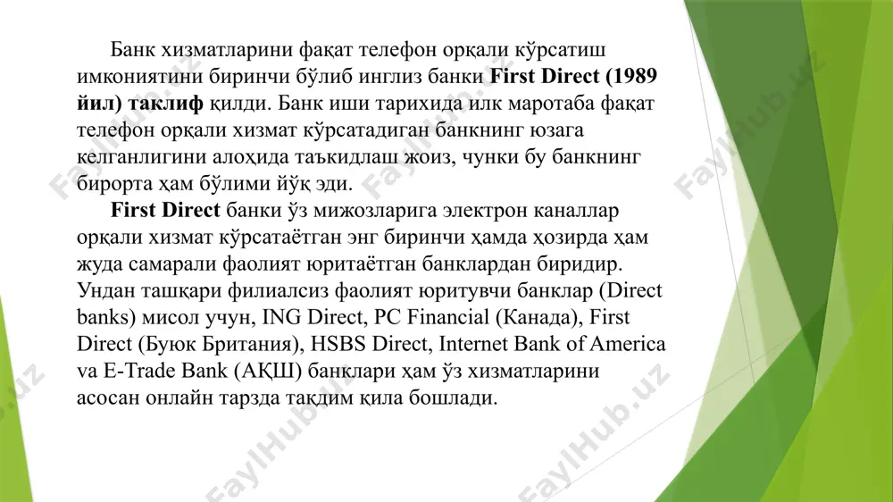шлашни таъминлашади. интернет глобал тармоғидан фойдаланувчилар сонининг ортиб бораётгани европанинг ривожланган мамлакатларида ушбу янги банк хизматларидан фойдаланувчилар сони мамлакат умумий аҳолисининг 60-90% ни ташкил этаётгани кузатилмоқда. 1-расм маълумотларидан шуни кўришимиз мумукинки, 2019 йил 1 январь ҳолатига вояга етган (16-74 ёшлар) дания, нидерландия ва финландия давлатлари аҳолисининг 89 фоизи интернет-банкинг хизмати орқали банк хизматларини амалга ошириши орқали европада банк хизматларини интернет-банкинг орқали амалга ошириш рейтинги бўйича етакчи мамлакатларга айланди. кейинги ўринларни швеция (84%), эстония (80%), буюк британия (74%), бельгия (69%), люксембург (68%), латвия (66%), франция (63%) ва бошқа давлатлари эгаллаган. европа иттифоқида эса бу кўрсаткич 54%ни ташкил этмоқда. рўйхатнинг қуйи қисмида эса италия (34%), кипр (33%), греция (27%), болгария (7%) ва руминия (7%) давлатлари ташкил этган. ривожланган давлатлар банк хизматлари амалиёти шуни кўрсатмокдаки, бу хизматларнинг баъзилари такомиллашувнинг юқори чўққисига эришган, баъзилари эса ривожланишнинг бошланғич нуқтасидалар. «ipsos global trends» томонидан 23 мамлакатдан 18180 нафар одам жалб қилинган ҳолда, инсонларнинг мобиль тўловлар тўғрисида …
