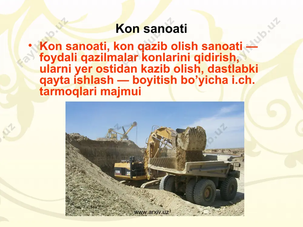 taqsimotining chuqurlashishi va yanada rivojlanishi dunyoda 6 ta yirik kon sanoati markazlarining shakllanishiga olib keldi. ularning hissasiga jami qazib olingan xom ashyo va yoqilg’ining 2/3 qismi to’g’ri kelmokda. shunday mamlakatlar qatoriga aqsh, kanada, avstraliya, jar, rossiya va xitoy kiradi. kon sanoati ko’pchilik boshqa mamlakatlarda ham rivojlangan. lekin ularda xom ashyo yoki yoqilg’ining bir-ikki turi kazib olinadi, xolos. jumladan, dunyoda ko’mir qazib olishda polsha, mis rudasi qazib olishda chili, qalay rudasi qazib olishda malayziya, neft qazib olishda fors ko’rfazi mamlakatlari yuqori o’rinlarni egallaydi. www.arxiv.uz www.arxiv.uz www.arxiv.uz www.arxiv.uz o’zbekiston respublikasi jahonda kon sanoati yuqori rivojlangan mamlakatlar qatoridan mustahkam o’rin olgan. hozirga qadar o’zbekistonda hammasi bo’lib 2,7 mingdan ziyod istiqbolli turli foydali qazilma konlari aniqlangan. ular 100 ga yaqin mineral-xom ashyo turlarini o’z ichiga oladi. muhim strategik manbalar — neft va gaz kondensati, tabiiy gaz bo’yicha 155 ta kon, qimmatbaho metallar bo’yicha 40 dan ortiq, rangli, nodir va radiaktiv metallar bo’yicha 40, kon-kimyo …
