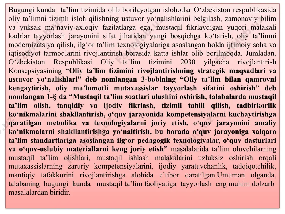 qituvchidan texnologik loyihalash qobiliyatini talab etadi. fanning amaliy darslarida talabalarni mustaqil ta’lim olish faoliyatiga yo‘naltirish quyidagi ketma-ketlikda amalga oshiriladi: 1.fanning amaliy darslarida talabalarga qisqa muddatli mustaqil mavzuga binoan ishlarni bajartirish orqali ularni mustaqil ta’lim olish faoliyatiga yo‘naltirib boriladi. 2.fanning amaliy darslarida talabalarni mustaqil ta’lim olishga yo‘naltirishda ularning mustaqil ishlarini tashkil qilish asosiy omil hisoblanadi. mustaqil ishlarni tashkil etishda quyidagilarga e’tibor qaratiladi: 3.bo‘lajak texnologik ta’lim-o‘qituvchilarga beriladigan mustaqil ishlar oliy ta’lim dasturiga muvofiq holda tuzilib, texnologiya ta’limini o‘qitish metodikasidan olinadigan bilim va malakalarni mustahkamlashi, chuqurlashtirishi nazarda tutildi. 4.mustaqil ish topshiriqlari talabalarning qobiliyatiga mos, ular diqqatini tortadigan, mantiqiy fikrlashga undaydigan, qiziqtiradigan qilib tanlanadi. 5.mustaqil ish berish oldidan o‘qituvchi uni qanday bajarish kerakligi to‘g‘risida bosqichma-bosqich uslubiy ko‘rsatma berib boradi. 6.o‘qituvchi talabalarning mustaqil ishlari natijalarini ko‘rib, xatolarini to‘g‘rilashi, mumkin qadar baholashi, ishni o‘z vaqtida bajargan talabalarni rag‘batlantirib borishi ta’minlanadi. mashg‘ulotni boshqarish texnologiyasida avvalambor, darsning maqsadi aniq, kasbga yo‘naltirilgan bo‘lishi bilan birga, qaysi vosita yordamida va …