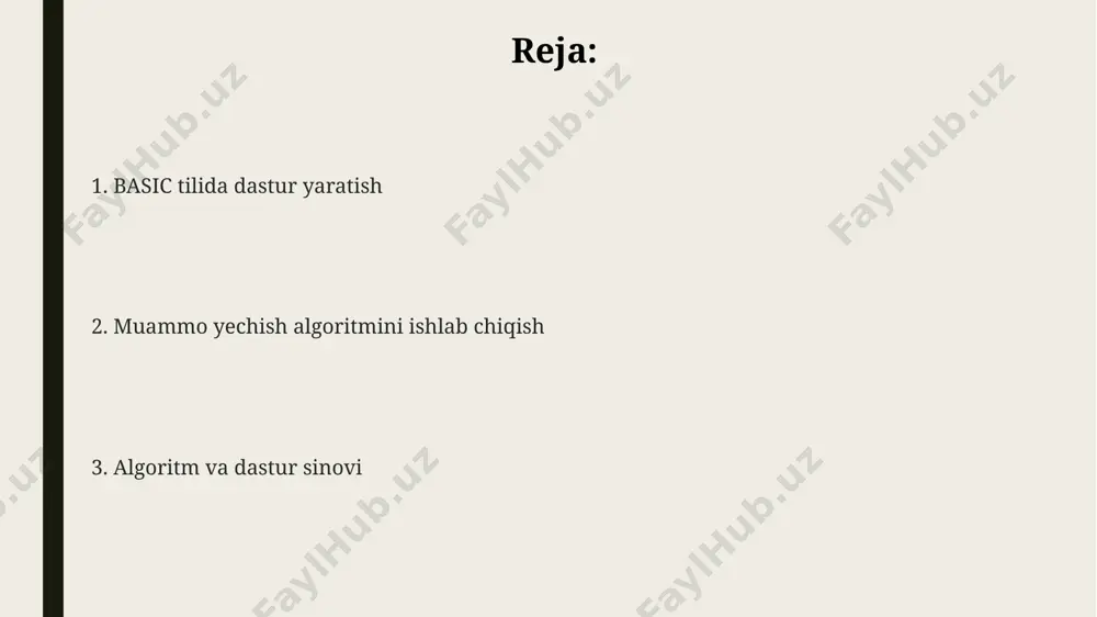 algoritmni ishlab chiqish algoritmlarni ishlab chiqishda, masalan, 5 ta shahar orasidagi eng qisqa yo'lni topish uchun dijkstra algoritmi samarali qo'llaniladi, bu esa grafik nazariyasi va matritsa hisoblashlarini o'z ichiga oladi. 1000 dan ortiq elementlarni saralash uchun, tezkor saralash (quicksort) algoritmini qo'llash samaradorlikni oshiradi, lekin bu algoritmning murakkabligi o(n log n) ga teng bo'lib, toshkentdagi dasturchilar orasida mashhur. andijon viloyatida 25 ta qishloq aholisining yoshi bo'yicha statistik ma'lumotlarni tahlil qilish uchun o'rtacha qiymatni hisoblash algoritmi va python yoki basic dasturlash tillaridan foydalaniladi. o'zgaruvchilarni e'lon qilish qayta ishlash jarayonida 5 ta turli xil turdagi ma'lumotlar, masalan, matn, raqam, manzil (samarqand kabi) va sanani saqlash uchun turli xil o'zgaruvchi turlaridan foydalanish lozim, shuningdek ularning har biri uchun yetarli xotira hajmini ta'minlash muhim. agar dasturda 200 ta talabaning ballarini saqlash zarur bo'lsa, unda massiv yordamida o'zgaruvchilarni e'lon qilish maqsadga muvofiqdir, har bir element uchun 1 bayt hajmdagi butun sonli tipni tanlash orqali andijon viloyati …