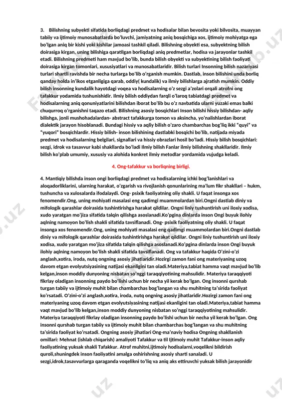 tushuncha, hukmlar, ma'no, talqin va xulosadir. shunisi e'tiborga loyiqki, gnoseologiyani epistemologiya bilan aralashtirib yubormaslik kerak, chunki ikkinchisi asosan ilmiy bilimlarni o'rganishga, gipotezalardan foydalanishga va qonunlar va printsiplar polkidan foydalanishga, gnoseologiyadan farqli o'laroq, bilim. tarix - gnoseologiyaga oid dastlabki tadqiqotlar qadimgi yunonistondan tetetusning dialoglari tufayli boshlandi, u tadqiqotlarni tahlil qilish va tasniflashni taklif qildi. -aristotel, shuningdek, bilim empirik (yoki sezgi orqali) olinganligini aytib, ushbu mavzu bo'yicha bir qator hissa qo'shgan. shuningdek, u metafizika bo'yicha birinchi tadqiqotlarni o'tkazdi. - o'rta asrlar bilimlarni o'rganish uchun qiziqarli davr edi. sankt-avgustin ilohiy aralashuv tufayli bilimga erishilganligini va avliyo tomas akvinskiy bilimlar nazariyasining asoslarini yaratish uchun aristotelning birinchi postulatlarini to'plagan; bu realistik va nominalistik qarashlardan chuqur rad etilganligini ko'rsatdi. - uyg'onish davrida erishilgan yutuqlar tufayli ilm-fan va boshqa tadqiqotlar uchun yanada qattiqroq bo'lgan asboblar ixtirosi tufayli bir qator bilimlar rivojlandi. 3. bilishning asosiy turlari va shakllari. 3. bilishning subyekti sifatida borliqdagi predmet va hodisalar bilan bevosita …