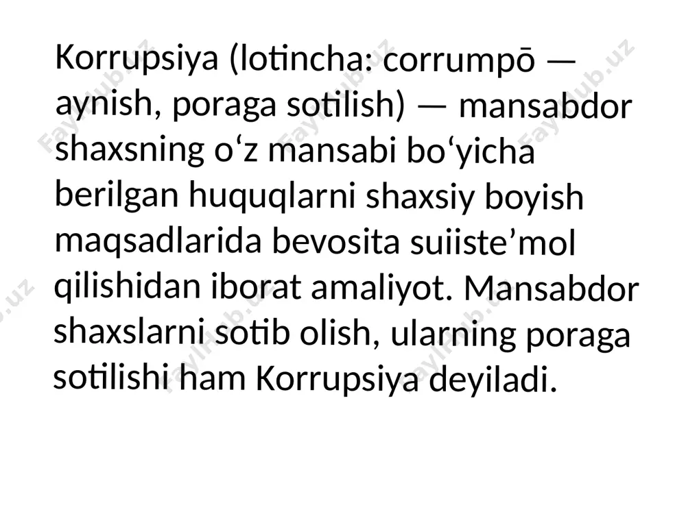 qilish kafolatlari haqida ma'lumotlar berishdi. ma'lumot o'rnida aytish lozimki, korruptsiyaga qarshi kurashish - o'zbekiston respublikasi oliy majlisining inson huquqlari bo'yicha vakili (ombudsman) faoliyatining ustuvor yo'nalishlaridan hisoblanadi. shu nuqtai nazardan, ombudsman davlat organlari va tashkilotlari hamda ularning mansabdor shaxslari tomonidan inson huquqlari, erkinliklari va qonuniy manfaatlari to'g'risidagi qonunchilikka rioya etilishi ustidan parlament nazoratini amalga oshirib, fuqarolarning murojaatlarini ko'rib chiqish orqali ularning huquq va erkinliklarini cheklanishiga sabab bo'lgan korruptsiyaviy holatlarni bartaraf etish bo'yicha choralar ko'radi. - korruptsiya har qanday davlat va jamiyat rivojiga jiddiy salbiy ta'sir ko'rsatuvchi xavfli omil, barcha mamlakatlarga tahdid soluvchi murakkab ijtimoiy-siyosiy, iqtisodiy hodisadir, - dedi oliy majlisning inson huquqlari bo'yicha vakili (ombudsman) feruza eshmatova.- zero, bu omil tufayli davlatning rivojlanishi sekinlashadi, demokratik institutlarga putur etadi. u qonun ustuvorligiga jiddiy ziyon etkazadi. shu bilan birga, uning ta'siri ostida fuqarolarning ijtimoiy adolatga, haqiqatga va davlat organlariga ishonchi yo'qoladi. har qanday jamiyat uchun ushbu jinoyatga qarshi kurashish eng dolzarb masalalardan biridir. …