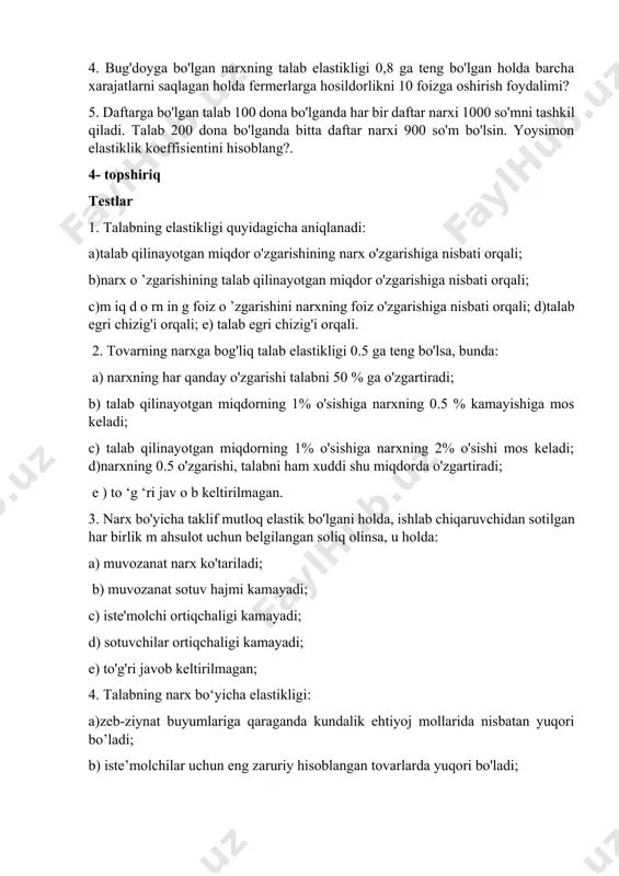 keladi; c) talab qilinayotgan miqdorning 1% o'sishiga narxning 2% o'sishi mos keladi; d)narxning 0.5 o'zgarishi, talabni ham xuddi shu miqdorda o'zgartiradi; e ) to ‘g ‘ri jav o b keltirilmagan. 3. narx bo'yicha taklif mutloq elastik bo'lgani holda, ishlab chiqaruvchidan sotilgan har birlik m ahsulot uchun belgilangan soliq olinsa, u holda: a) muvozanat narx ko'tariladi; b) muvozanat sotuv hajmi kamayadi; c) iste'molchi ortiqchaligi kamayadi; d) sotuvchilar ortiqchaligi kamayadi; e) to'g'ri javob keltirilmagan; 4. talabning narx bo‘yicha elastikligi: a)zeb-ziynat buyumlariga qaraganda kundalik ehtiyoj mollarida nisbatan yuqori bo’ladi; b) iste’molchilar uchun eng zaruriy hisoblangan tovarlarda yuqori bo'ladi; c ) tovar ishlab chiqarishning a l’ternativ harajatlari katta bo'lganda yuqori bo'ladi; d)tovar iste’molchiga kamroq zarur bo'lsa yuqori bo’ladi: e) to'g'ri javob keltirilmagan. 5. agar taklif noelastik bo‘lib, unga bo'lgan talab kam aysa, sotuvchining daromadi: a) o'sadi; b) kamayadi; c) agar talab elastik bo'lsa kamayadi; d)agar talab noelastik bo'lsa kamayadi: e) o'zgarmaydi. 6. agar tovarning …