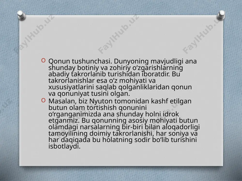 n bog‘lanishlar, munosabatlar ob’ektiv xususiyatga ega. olamdagi har bir narsa va hodisa bir-birini taqozo qiladigan va shu bilan birga, bir-birini istisno qiladigan qarama-qarshi tomonlar birligidan iborat. demak, voqelik va o‘zgarish jarayonida ayniyat va ziddiyatning bo‘lishi ham odatiy hol. masalan, issiq va sovuq, oq va qora, kecha va kunduz, elektrning musbat va manfiy zaryadlari, yaxshilik va yomonlik, adolat va jaholat va h. k. qarama-qarshi tomonlar bir-birini inkor etadi va shu bilan birga biri ikkinchisini taqozo etadi, biri ikkinchisisiz mavjud bo‘la olmaydi. faraz qilaylik, magnitning manfiy zaryadi bo‘lmasa, u holda ushbu narsa magnit bo‘lolmaydi. borliq narsa, voqea-hodisalarning turli-tumanligidan iborat. lekin narsalar qanchalik xilma-xil, turli-tuman bo‘lmasin, ular o‘rtasida yaqinlik, aynanlik mavjuddir. masalan, stol va stul sifat jihatidan turli narsalardir. lekin baribir ular o‘rtasida o‘xshash tomonlar, belgilar bor. aytaylik, ularning yo rangi yoki bir xil materialdan yasalganligi yoki bo‘lmasa, vazni o‘xshash bo‘lishi mumkin va h.k. ayniyat tushunchasi narsa va hodisalar o‘rtasidagi o‘xshash tomonlarni ifodalaydi. …