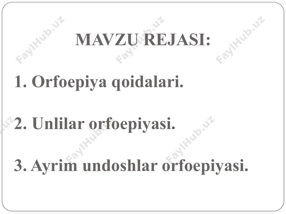 i bo‘g‘inida a cho‘ziq talaffuz qilinadi. oo unlisi quyi keng unli sifatida talaffuz qilinadi (tosh, bahor, somon omon); sayoz til orqa k, g tovushlaridan so‘ng yumshoq aytiladi (kosib, govmish); chuqur til orqa q, g‘,x undoshlaridan so‘ng qattiq (qoshiq, g‘or, xom) aytiladi; ruscha-baynalmilal so‘zlarda o urg‘uli bo‘g‘inda o‘zbekcha o dan torroq (opera, tonna) talaffuz qilinadi. urg‘usiz bo‘g‘inda esa ba’zan a (samolyot-samalyot), ba’zan qisqa i (direktor – direktir) aytiladi. ayrim undoshlar orfoepiyasi jarangli b undoshi so‘z oxirida jarangsiz p holida talaffuz qilinadi (kitob-kitop,yozib-yozip). jarangli d tovushi ham so‘z oxirida jarangsiz t holida talaffuz qilinadi (obod-obot,madad-madat). ruscha-baynalmilal so‘zlarda qo‘llanadigan v lab-tish undoshi so‘z oxirida jarangsiz f holida talaffuz qilinadi: passiv-passif,ustav-ustaf. jarangli g, g‘, d, j, z undoshlari jarangsiz undoshlar bilan yonma-yon kelganda jarangsiz k, q, t, sh, s holida talaffuz qilinadi: terak+ga-terakka, oq+gan-oqqan, tush+gan - tushkan, ket+di – ketti, ijtimoiy – ishtimoiy, mazkur – maskur. portlovchi b undoshi ikki unli orasida ko‘pincha sirg‘aluvchi …