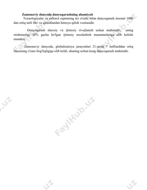an ijtimoiy moslashish muammolariga olib kelishi mumkin. zamonaviy dunyoda, globalizatsiya jarayonlari 21-asrda 7 milliarddan ortiq insonning o'zaro bog'liqligiga olib keldi, shuning uchun keng dunyoqarash muhimdir. 📌xulosa фалсафа ва дунёқарашнинг моҳияти инсоннинг ўз ўрни ва мақсадини англаши, жаҳонга бўлган муносабатини шакллантириши ҳамда маъноли ҳаёт кечиришида муҳим аҳамиятга эга эканини кўрсатади. улар инсон онгини бойитиб, танқидий фикрлашга йўналтиради. 📚foydalanilgan adabiyotlar 1. ибн сино, "ас-шифо". 2. кант, иммануил, "тенгсиз ақл танқиди". 3. хайдеггер, мартин, "борлик ва вақт". 4. ницше, фридрих, "заратуштра шундай деди". 5. сатр, жан-поль, "бехосданлик". 6. ясперс, карл, "философия". 7. фуко, мишел, "сўз ва нарсалар". 8. деррида, жак, "граматология"