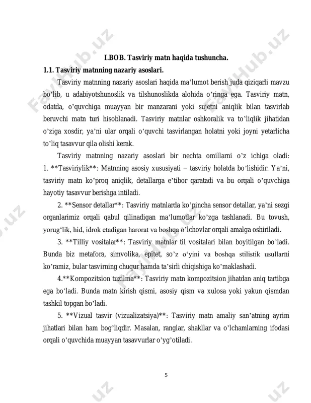 ng" kabi aniqroq ta’riflar ishlatiladi. 3. **badiiy sug’orish**: metaforalar, taqqoslashlar va badiiy ifodalar tasviriy matnlarni boyitish uchun ishlatiladi. bu ijodiy ifodalar o’quvchilar ongida tasvirlarni yanada kuchaytiradi. 4. **affektiv ifodalar**: bunday matnlar ko’pincha hissiy, ya’ni affektiv ta’sir ko’rsatishga mo’ljallangan bo’lib, o’quvchini biror muhitga jo’natish uchun tuyg’ularni uyg’otish lozim. mazkur usullar va strukturalarni e’tiborga olib, yozgan tasviriy matn o’quvchilarni o’ziga tortadigan, o’qish jarayonida o’ziga xos his-tuyg’ularni uyg’otadigan mazmun yaratishga hissa qo’shadi. matnda muayyan bir holat yo’ki manzara haqida to’liqroq tushuncha hosil qilish uchun yuqorida ta’kidlangan unsurlar va uslublar barkamol ravishda uyg’unlashtiriladi. bu usullar ishlatilganida, natijada tasviriy matn faqatgina oddiy matn sifatida emas, balki bir muhitni ongda gavdalantiradigan kuchli vosita sifatida xizmat qiladi. 9 ii.bob. ona tili ta’limida tasviriy matn yozish usullari. 2.1. ona tili ta’limida tasviriy usullar ona tili ta’limida tasviriy usullar mavzusida 500 so’zdan oshiq ma’lumotni taqdim etaman. bu mavzu ona tili darslarida tasviriy usullarning ahamiyati va ularni o’quv jarayoniga qo’llash …