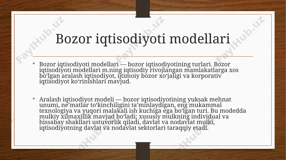 ikloyiha ishlari ham olib boriladi. muammolarning korporatsiya doirasida hal etilishi korporatsiyaga sadoqat, korporativ vatanparvarlik hissiyotini tarbiyalaydi. korporatsiya xodimlar uchun yuksak turmush darajasini kafolatlaydi, xodimlar esa bunga javoban ishlab chiqarish samaradorligining yuqori boʻlishini taʼminlaydilar. korporatsiya xodimlarning oila aʼzolarini ham ish bilan taʼminlashni, qarilikda yaxshi pensiya va bir yoʻla katta summada mukofotlar berishni zimmasiga oladi. xodimlar bilan menejerlar oʻrtasida inoqlik boʻladi. bunday choratadbirlar ijtimoiy hamjihatlikni taʼminlab, ish tashlash va boshqa noroziliklarga oʻrin qoldirmaydi. bozor iqtisodiyotining korporativ modelida iqtisodiyotning korporativ sektori xalq xoʻjaligining tayanchi hisoblanadi, ammo iqtisodiyotning ikkilamchi va yetakchi boʻlmagan sohalarida nokorporativ sektor ham saqpanib qoladi. korporativ modelda ham kichik biznes mavjud, ammo uning mustaqilligi juda chegaralanadi, u deyarli korporatsiya izmida boʻladi, uning buyurtmalarini bajaradi. bozor iqtisodiyoti modellari korporatsiya doirasiga tortilmaydi. korporativ iqtisodiyot ustuvor boʻlgan mamlakatlarga yaponiya misol boʻla oladi. e’tiboringiz uchun rahmat! image5.png image6.png image7.jfif image8.jfif image3.png image4.png /docprops/thumbnail.jpeg