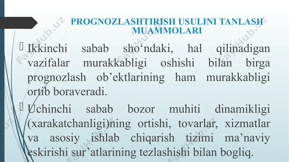 bu holatda prognozlashtirilayotgan ob’ektning kamayishi amalga oshira olmaydi. turli ko’rinishlar orasida va prognozlashtirilayotgan guruhlar orasida bor yoki yo‘qligiga qarab matritsani tasavvur qilamiz. agar qator va ustunlar kesishmasa, “1”ga teng bo‘lsa, bunday aloqa borligi tasdiqlanadi, agar “0” bo’lsa, bunday aloqa mavjud emas usulni ishlab chiqarish jarayonini optimallashtirish № 1 2 3 4 5 6 1 1 0 0 0 1 0 2 1 0 0 0 1 0 3 1 1 0 0 1 1 4 1 1 1 0 1 1 5 1 1 1 0 1 1 6 1 1 1 1 1 1 matritsani 1dan 6 gacha bo’lgan qatorlari quyidagilarni anglatadi: 1 tasdiqlanmagan ko‘rinish; 2 mavjud tilda prognozlashtirilgan ob’ektni aniq ko‘rinishi; 3 funksional- dekompozitsiyalashgan ko‘rinish; 4 xizmat konturlari ko‘rinishidagi ko‘rinish; 5 agregativ- dekompozitsiyalashgan ko‘rinish. 6 “ko‘rsatkich- o‘tqizib yuborish maydoni ” model shaklidagi ko‘rinish. matritsaning ustunlari prognozlashtirilayotgan usulning turlarini taqsimlanishi bilan mos keladi: 1 prognozlashtirishning ekspert usullari; 2 funksional-mantiqiy …