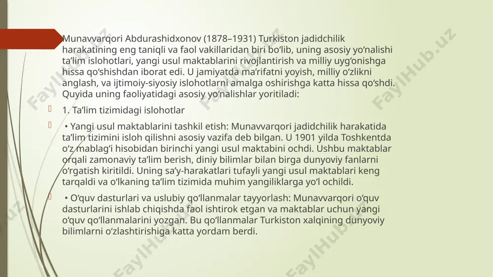 atika, geografiya, tarix va boshqa dunyoviy fanlar o‘rgatilgan. bu islohotlar turkistonning ijtimoiy hayotini rivojlantirish va zamonaviy bilimlarni yoshlarga yetkazish maqsadida amalga oshirilgan edi. • o‘qituvchilar tayyorlash va darsliklar yozish: munavvarqori yangi usul maktablarida dars beradigan o‘qituvchilarni tayyorlash, ularga zamonaviy pedagogik bilimlarni berishga katta e’tibor qaratgan. u shuningdek, yangi o‘quv dasturlari va darsliklar yozgan, bu orqali ta’lim tizimini yangilashga hissa qo‘shgan. 2. matbuot va adabiyotdagi roli • “xurshid” va “najot” gazetalarini nashr etish: munavvarqori xalqni ma’rifatli qilish uchun matbuotning kuchidan foydalangan. u o‘z davrida “xurshid” va “najot” kabi gazeta va jurnallarni tashkil etib, milliy uyg‘onish, ta’lim va siyosiy erkinlik haqidagi fikrlarni yoyishga harakat qilgan. matbuot orqali u turkiston xalqini ma’rifatga, milliy ongni yuksaltirishga undagan. • adabiy asarlar yozish: munavvarqori o‘z asarlari orqali xalqni ma’naviy yuksaltirishga harakat qilgan. uning publitsistik maqolalari, she’rlari va hikoyalari xalqni milliy uyg‘onishga, o‘z taqdirini anglashga da’vat qilgan. 3. siyosiy faoliyati va milliy uyg‘onishdagi roli • turkiston muxtoriyatida …