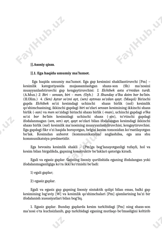 r кesimi fe’lning iii shaxs shart mayli+bo‘ladi qurilmasi asosida ifodalangan gaplar ham o‘zbek tilida egasiz gaplarni hosil qiladi: 1. hosilni o‘n-o‘n besh kunda yig‘ib olsa bo‘ladi. 3. bu ig‘voning sabablarini tahlil qilsa bo‘ladi. bunda kesimlarning yig‘ib ol, tahlil qil qismlari [w] (lug‘aviy birlik) va -sa bo‘ladi qismlari esa [pm] voqelanishi. кesim ravishdoshning -(i)b shakli va bo‘lmoq fe’lining turli ko‘rinishlari bilan ifodalanganda ham egasiz gap vujudga keladi: 1. bu xatning mazmunini birovga aytib bo‘lmaydi.(a.qah.) 2. falakka qo‘l uzatib, shamsu anvorni olib bo‘lmas. (mashr.) bu kesimlarda aytib bo‘l, olib bo‘l qismlari [w] va -maydi, -mas qismlari pm voqelanishi. sxemasi (46-jadval): 46-jadval e h w pm uzatib olib bo‘l mas qo‘l shamsi anvorni falakka o‘zbek tilidagi atov gap – egasiz gapning o‘ziga xos turi: 1. кeng sahro. quruq cho‘l. suv manbalaridan darak yo‘q. 2. yoqimli ohang. zavqli qo‘shiqlar. anorxon yo‘llaridan to‘xtab tinglaydi. (i.rah.). bu gaplar bir qarashda kesimsiz, faqat egadan iborat gaplardek tasavvur …