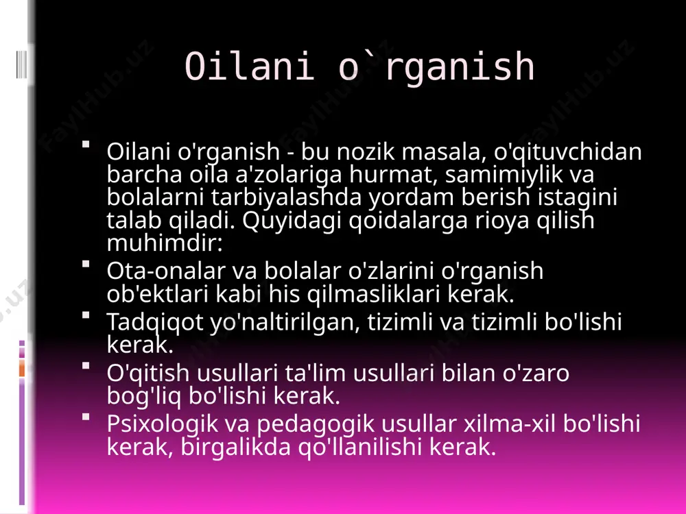 arni tashkil etish amaliyotida ota-onalar bilan ishlashning ommaviy, guruhli va individual shakllari va usullari qo'llaniladi. bularning barchasi ota-onalarning pedagogik madaniyatini oshirishga, maktab va oilaning o'zaro munosabatlarini mustahkamlashga, uning ta'lim salohiyatini mustahkamlashga, shuningdek, ota-onalarni sinf bolalari tarbiyasiga jalb etishga qaratilgan. jamoatchilik shakllari eng keng tarqalgan jamoaviy shakllar: ota-onalar va o'qituvchilarning uchrashuvlari (sinfda va maktabda); ochiq kunlar "davra suhbatlari"; ota-onalar tajribasini almashish bo'yicha konferentsiyalar; ota-onalar uchun ma'ruzalar zali; ota-ona haftalari; savol-javoblar oqshomi; nizo; ma'muriyat, sinf o'qituvchilari bilan uchrashuvlar. guruh shakllari: ota-onalar qo'mitasi bilan o'zaro munosabat; guruh maslahatlari; ota-onalar bilan amaliy mashg'ulotlar; treninglar; otalar bilan uchrashuv. shaxsiy shakllar: suhbat; suhbat maslahat berish; individual ko'rsatmalarni bajarish; muammoning echimini birgalikda izlash; yozishmalar. tamom etiboringiz uchun rahmat image2.jpeg image3.jpg image4.jpg image5.jpg image6.jpg image7.jpeg /docprops/thumbnail.jpeg