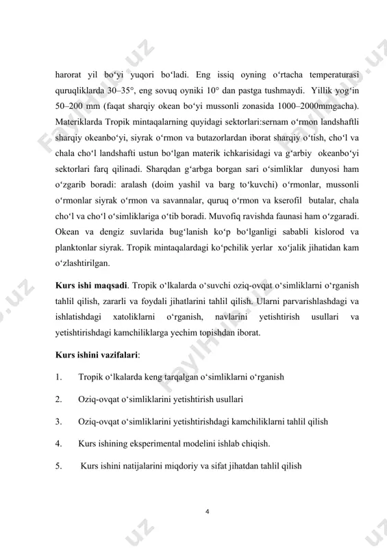 mi haqiqiy yashil o'simliklar dunyosi bilan o'ralgan. o'simliklar inson va tabiat hayotida muhim'rol-o'ynaydi. qayta ishiab chiqarilmasdan, sayyoramizdagi yashil o'simliklar mavjud bo'imaganida ayot ham to'xtab qolar edi. bular hayot beruvchi kislorod bilan ta'minlab, yashil o'simliklar barcha jonzotlarni boqish, organic moddalarning ajralmas qism sifatida muhim rol o'ynaydi. agar yerdagi yoki hatto alohida mintaqada o'simliklarning cheksiz sonli qismt mayjud bo'tsa, ularning turlari ma'lum bir cheklangan sondir: darhaqiqat, bitta turdagi yuz minglab hatto millionlab nusxalar ham bo'lishi mumkin. biroq faqat bir necha yuz yoki undan kam sonli turlar ham mavjud. shunday ekan ekologik mintaqalardan biri bo'igan tropic mintagada ham o'simliklarning 40000 dan ortiq turi uchraydi. tropik mintaqaning o'ziga xos iqlim sharoitidir.tropik mintaga - shimoliy va janubiy yarimsharlarda joylashgan subtrpik va subekvatorial mintagalar orasida joylashgan 2-geografik mintaga, tropik mintaganirig materik qismi uchu cho'l va chalacho'l landshafti, okeanlarga esa suvning sho'rligi (37 %) va doimiy o'rtacha va yugori harorat 18°c dan 36°c gacha xosdir. tropik mintagada …
