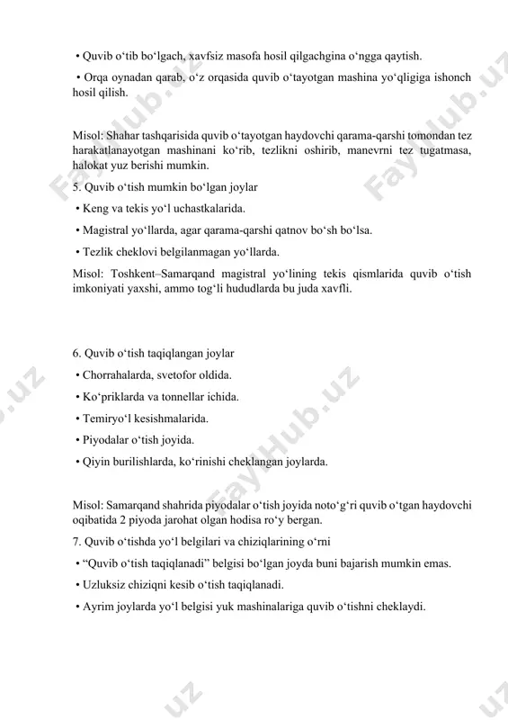 ogik omillari haydovchining ruhiy holati quvib o‘tishda katta ahamiyatga ega. • asabiy yoki shoshqaloq haydovchilar noto‘g‘ri qaror qabul qilishi mumkin. • tajribasiz haydovchilar quvib o‘tishni kechiktirib yuboradi yoki ortiqcha xavfga boradi. misol: tadqiqotlar ko‘rsatishicha, stress ostida bo‘lgan haydovchilar odatdagidan 2 baravar tezroq xavfli quvib o‘tishga harakat qiladi. 13.3. quvib o‘tishning iqtisodiy oqibatlari noto‘g‘ri quvib o‘tish: • yth oqibatida moddiy zarar keltiradi. • avtomobil ta’miriga katta xarajat talab qiladi. • sug‘urta kompaniyalari tomonidan to‘lovlarni ko‘paytiradi. misol: bitta noto‘g‘ri quvib o‘tish sababli sodir bo‘lgan ythda 3 ta avtomobil ishtirok etib, jami 200 million so‘mlik zarar yuzaga kelgan. 14. quvib o‘tishni o‘rgatish va nazorat qilish tizimi 14.1. o‘quv jarayonida haydovchilik maktablarida quvib o‘tishni o‘rgatish alohida mashg‘ulot sifatida tashkil qilinadi. • avval nazariy darslarda qoida o‘rgatiladi. • keyin amaliyotda, instruktor kuzatuvida quvib o‘tish mashqlari bajariladi. misol: ko‘pchilik haydovchilar birinchi marta magistral yo‘lda quvib o‘tayotganda qo‘rqadi. shu sababli instruktorga ega mashg‘ulotlar juda muhim. 14.2. yo‘l …