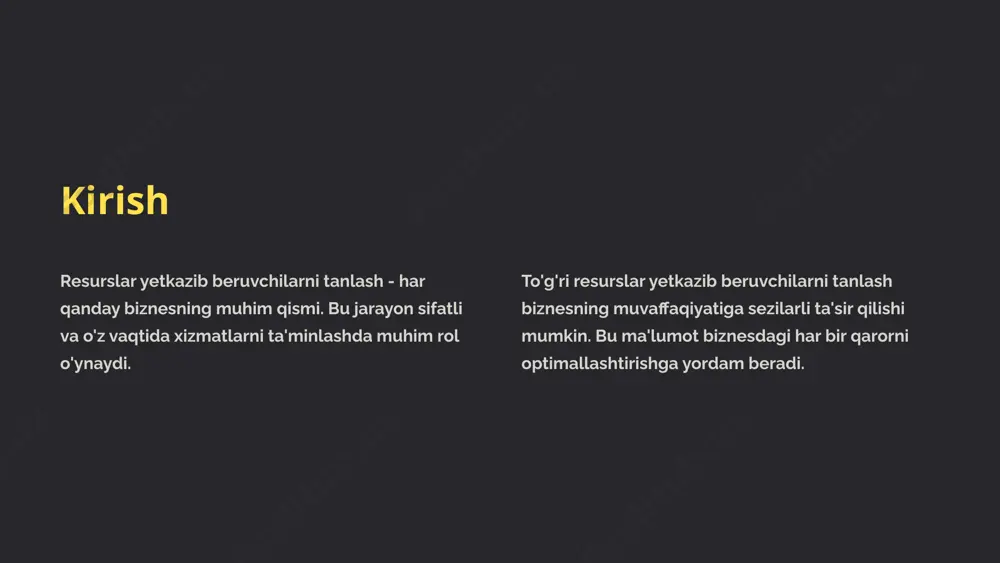 hlash qobiliyatiga ega ekanligini tekshirish kerak. bu ularning biznesning talablariga mos kelishini aniqlashga yordam beradi. shaxsiyat resurslar yetkazib beruvchilar bilan aloqalarni o'rnatishda ularning shaxsiyati va professionalligi muhim rol o'ynaydi. aloqa sifati muhim ahamiyatga ega. resurslar yetkazib beruvchilarni tanlab olish jarayoni 1 dastlabki tanlov - resurslar yetkazib beruvchilarga qo'yiladigan talablarni aniqlash va ularga mos keladigan potentsial ta'minotchilarni topish. 2 talablarga javob beruvchi ta'minotchilarni aniqlash - potentsial ta'minotchilarni tekshirish va ularning xizmatlarini baholash. 3 tanlash - eng mos keladigan ta'minotchini tanlash, ularning xizmatlarini taqqoslash va eng yaxshi variantni aniqlash. tanlab olingan resurslar yetkazib beruvchilarga talablar shartnoma resurslar yetkazib beruvchilar bilan shartnoma tuzishda xizmatlarning sifati, narxi, muddati va boshqa muhim shartlarni aniq ko'rsatish kerak. xavfsizlik resurslar yetkazib beruvchilarning biznesning ma'lumotlarini xavfsiz saqlashga qodirdan ekanligini tekshirish kerak. ma'lumotlarning xavfsizligi juda muhim ahamiyatga ega. aloqa resurslar yetkazib beruvchilar bilan muntazam aloqa o'rnatish kerak. bu muammolarni o'z vaqtida hal qilish va xizmatlarni yaxshilashga yordam beradi. qonunlarga …