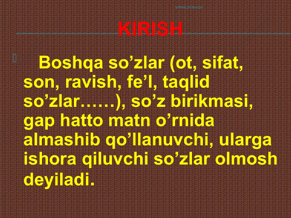 abiy tili tarixi. toshkent, 1995. tursunov u., o‘rinboev b., aliev a. o‘zbek adabiy tili tarixi. toshkent, 1995. nasırov d.s., paxratdinov q. türkiy tillerdiŋ jazba estelikleri. tashkent, 1996. aliev a., sodiqov q. o‘zbek adabiy tili tarixidan. toshkent, 1994. o‘zbek tili va adabiyoti. jurnal. 1992 yil, 2-son www.ziyonet.com www.arxiv.uz bajarganlar ro’yxati: axmedov asrorjon botirova nigora janiyeva mo’tabar boymurodova gulbahor daliyeva lobar marajabova mastura latipova sabura www.arxiv.uz e’tiboringiz uchun tashakkur!!! www.arxiv.uz