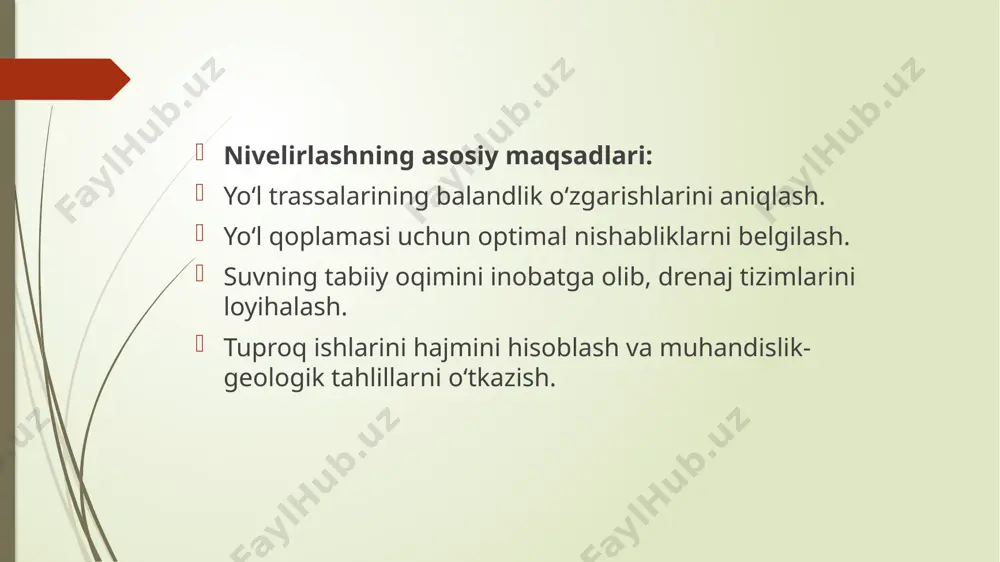eng foydalaniladi. shaharsozlik va infratuzilma loyihalarida ham to‘g‘ri rejalashtirish uchun balandlik o‘lchovlari asosiy rol o‘ynaydi. nivelirlash ekologik va iqtisodiy jihatdan ham katta ahamiyatga ega. to‘g‘ri bajarilgan nivelirlash ishlari eroziya va suv oqimlarini nazorat qilishga yordam beradi, yo‘l qurilishida ortiqcha xarajatlarning oldini oladi hamda yo‘llarning uzoq muddat xizmat qilishiga imkon yaratadi. shu bois, nivelirlash yo‘lsozlik va qurilish sohasida strategik jarayonlardan biri bo‘lib, uning zamonaviy texnologiyalar bilan uyg‘unlashishi ish samaradorligini oshirishga xizmat qiladi. nivelirlashning amaliyotda qo‘llanilishi va ahamiyati yo‘lsozlik va qurilish sohalarida katta rol o‘ynaydi. ayniqsa, avtomobil yo‘llarining qurilishi va rekonstruksiya jarayonida nivelirlash eng muhim bosqichlardan biri hisoblanadi. yo‘lning tekisligi va qiyalik burchaklarini aniq belgilash transport harakati xavfsizligini ta’minlashda va yo‘lning chidamliligini oshirishda muhim ahamiyatga ega. to‘g‘ri bajarilgan nivelirlash ishlari tufayli yo‘l qoplamasi notekis bo‘lishining oldi olinadi, suvning to‘g‘ri oqib ketishi ta’minlanadi va yo‘l konstruksiyalarining uzoq muddatli mustahkamligi kafolatlanadi. zamonaviy nivelirlash texnologiyalari yo‘lsozlikda samaradorlikni oshirishda muhim rol o‘ynaydi. gps tizimlari va total …