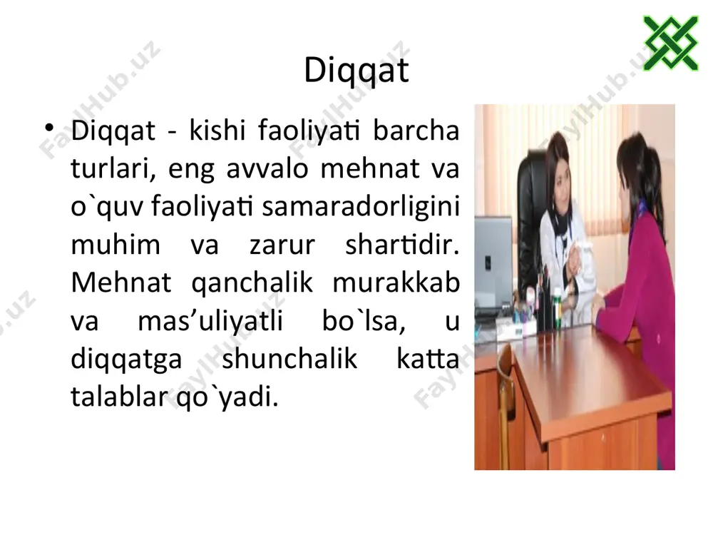 hi ikki va undan ko'proq faoliyat turlari- ning (bir qancha harakatlarning) bir vaqtning o'zida muvaffaqiyatli bajarish imkoniyati bilan bog'liq xususiyat. diqqatning yuksak daraja- da taqsimlanishi - ko'pgina hozirgi zamon mehnat turlari muvaffaqiyatliligining muqarrar shartlaridan biridir. masalan, operatorlar, ko'plab dastgohlarda ishlovchilar, transport haydovchilari va boshqalarning ishi ana shuni talab qiladi. diqqatning ko'chishi ma'lum obyektning bir faoliyatdan ikkinchi bir faoliyatga, bir obyektdan ikkinchi bir obyektga, bir harakatdan ikkinchi bir harakatga o'tishida namoyon bo'ladi. diqqatning ko'chi- shi yo ongli ravishdagi xulq-atvorga, faoliyatning talablariga yoki o'zgarib ketayotgan shart-sharoitlarga muvofiq tarzda yangi faoliyatga kirishish zaruratiga bog'liq bo'ladi. faqat obyektlar va jarayonlar o'zgarib, faoliyat esa uzoq vaqt da- vomida o'zgarmasdan qolgan hollarda diqqatning barqarorligi doirasi- da uning ko'chishi yuz beradi. bunday ko'chish uzoq davom etadigan ish paytida charchashning oldini oladi va shu bilan diqqatning barqarorligini oshiradi. lekin bu tez-tez takrorlanavermasligi lozim, aks holda salbiy oqibatlarga olib kelishi mumkin diqqatning salbiy jihatlaridan biri parishonxotirlikdir. parishonxo- tirlik diqqatni …