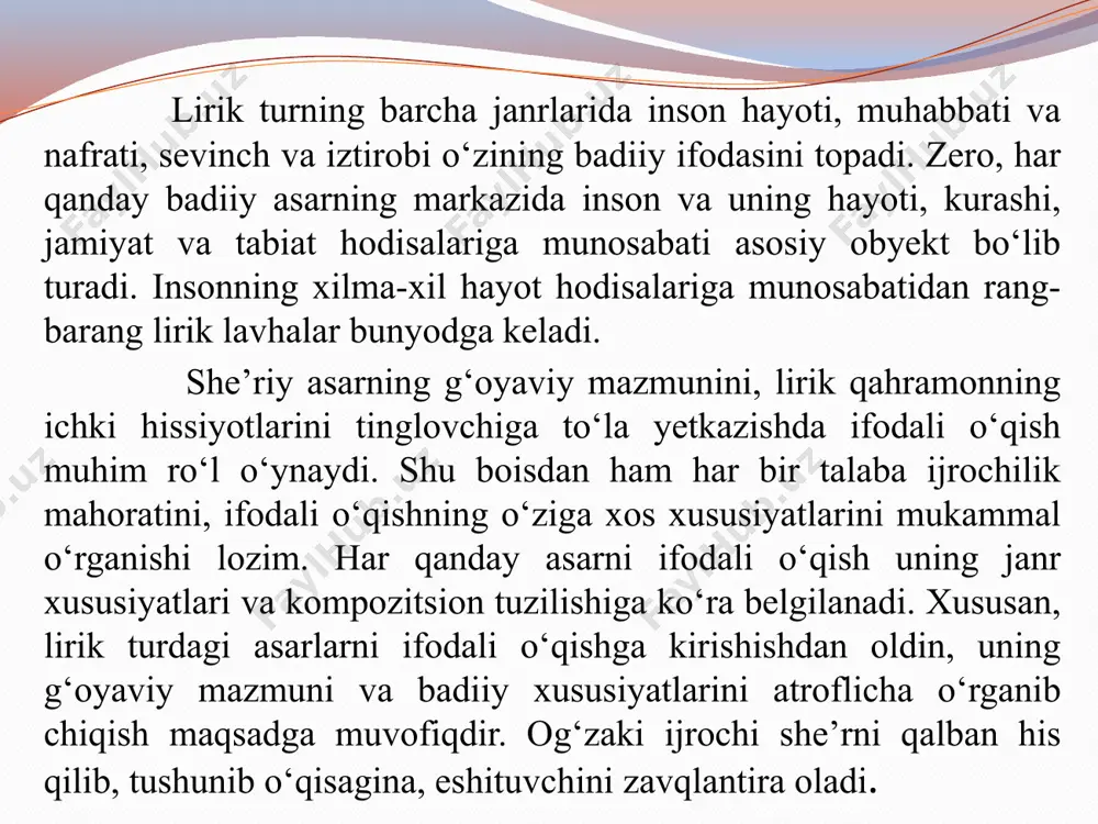 rilgan hayotiy hikmat ifodasini berishdir. lirikada voqealar tasviri, xarakter mantig‘i emas, ruhiy holat tasviri, hissiyot ifodasi, tuyg‘ularning samimiyati muhimdir. chinakam lirik she’r tinglovchi yo o‘quvchiga faqat zavq beribgina qolmay, uning emotsional-axloqiy imkoniyatlarni uyg‘otadi, faoliyatga undaydi” – degani bejiz emas. lirik turda ijodkorning o‘sha voqealikka bo‘lgan bir lahzalik, oniy his-tuyg‘ulari lirik asarda aks etadi. ya’ni lirika qahramonning ruhiyati, kechinmalari tasvirlanadi. uning muhim xususiyatlari ham shundan iboratdir. hamid olim jon - o'zbek she’riyatining yorqin siymolaridan biri. bor yo‘g‘i o‘ttiz besh yil yashagan hamid olimjon o'zining talay she’rlari, dostonlari, nasriy asarlari, dramalari, badiiy tarjimalari va adabiyotshunoslikka doir tadqiqotlari bilan hali uzoq vaqt mobaynida xalq xizmatida bo‘ladi. qanday adabiy-tarixiy davrlar kelmasin, qanday fikrlar shabadasi esmasin, asr adabiyotining eng iste’dodlilari orasida hamid olimjonning dilbar she’riyati ham yashashda davom etadi. hamid olimjon lirikasi shoir qalbida ungan, mavj urgan va katta to‘lqinga aylangan tuyg‘ular shalolasidan iborat. bu tuyg‘ular shoir qalbining qaynoq va samimiy holatidan otilib chiqadi. hamid …
