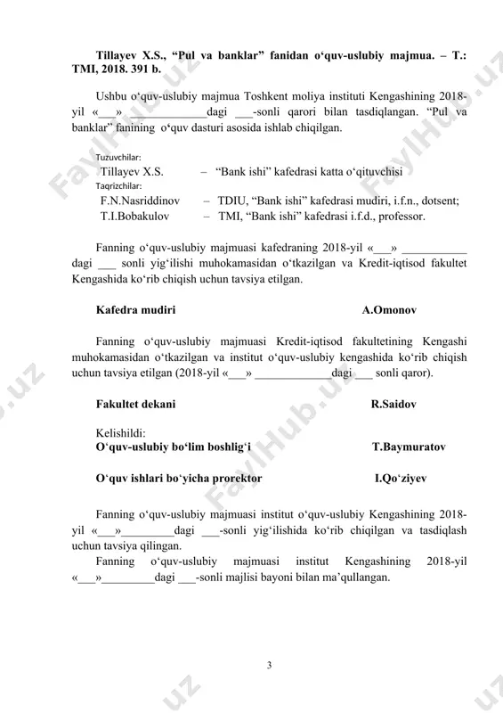 moliya-kredit muassasalari 19-mavzu. bank inqirozlari 20-mavzu. pulning xalqaro munosabatlardagi harakati 21-mavzu. xalqaro moliya institutlari, ularning maqsadi va funksiyalari adabiyotlar ro’yxati 257 mustaqil ta’lim mashg’ulotlari 259 talaba portfoliosini yaratish bo’yisha tavsiyalar 259 glossariy 285 ilovalar 298 fan dasturi 298 ishchi fan dasturi tarqatma materiallar 309 322 testlar 354 o’quv-uslubiy majmuaning elektron varianti (diskda) kirish pul va banklar uzoq muddatli ijtimoiy rivojlanishning natijasi bo‘lib, zamonaviy sivilizatsiyaning muhim ajralmas qismi hisoblanadi. ularning amal qilishi ijtimoiy mahsulotni ishlab chiqarish, taqsimlash, ayirboshlash va iste’mol qilish jarayonlarining uzluksizligini ta’minlash imkonini beradi. shu sababli, pul va banklarni alohida fan sifatida o‘rganish zaruriyati yuzaga keldi. zero dunyoning barcha mamlakatlarida iqtisodiyotning samarali o‘sishi banklarning moliyaviy barqarorligini oshishi hamda tijorat banklari tomonidan moliyaviy qo‘llab-quvvatlashga ko‘pdan bog‘liq bo‘lgani uchun fanning oliy malakali kadrlarni tayyorlashda o‘rni beqiyosdir. fanda pul va banklar kategoriyalarining paydo bo‘lishi va ularning evolyutsiyasi, pul nazariyalarining mohiyati, asoschilari va namoyondalari, pul aylanmasi tushunchasining mohiyati, pul muomalasi va uni tashkil …