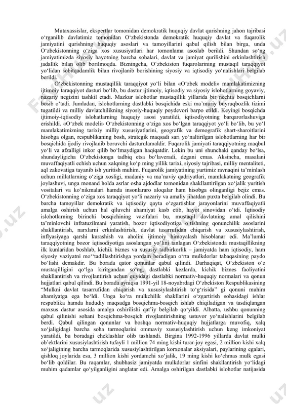 oshlab ma’muriy-buyruqbozlik, rejali-taqsimot tizimidan voz kechib, jahonda «o‘zbek modeli» deb nom olgan taraqqiyot yo‘lini tanlangani bejiz emas. davlat tomonidan ishlab chiqilgan va hayotga izchil tatbiq etilgan ushbu modelning ma’no-mazmuni — davlat qurilishi va konstitutsiyaviy tuzumni tubdan o‘zgartirish va yangilashda o‘z ifodasini topdi. ular quyidagilar edi: iqtisodiyotning siyosatdan ustuvorligi, ya’ni mafkuradan xoli bo‘lishi; davlatning bosh islohotchilik vazifasini bajarishi, ya’ni islohotlar tashabbuskori bo‘lishi va ularni muvofiqlashtirib borishi; qonun ustuvorligini ta’minlash; kuchli ijtimoiy siyosat yuritish; islohotlarni bosqichma-bosqich va izchil olib borish tamoyillariga asoslandi. ushbu tamoyilning asosiy negizi birinchi prezident i.karimov tomonidan 2010-yil noyabr oyida e’lon qilingan «mamlakatimizda demokratik islohotlarni yanada chuqurlashtirish va fuqarolik jamiyatini rivojlantirish konsepsiyasi» da yana bir bor e’tirof etildi. shu o‘rinda so‘ngi yillar mobaynida yalpi ichki mahsulot o‘sishi va aholining real daromadlari qariyb 4 barobarni tashkil etgani, ayniqsa, ijtimoiy- gumanitar sohada erishilgan ulkan natijalar, xususan, aholini jtimoiy himoya qilishga yo‘naltirilgan davlat xarajatlarining 5 barobardan ortiqroqqa ko‘paygani «o‘zbek modeli» bejiz xalqaro …