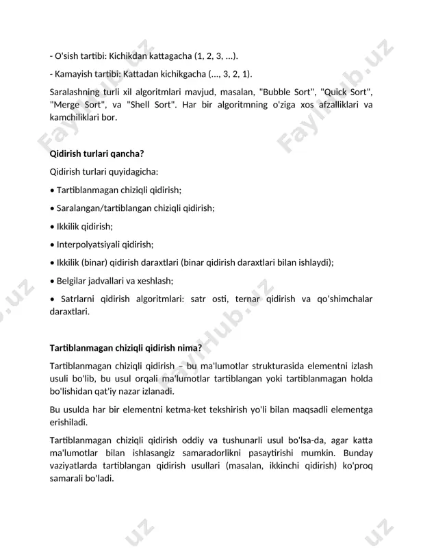 di, lekin ma'lumotlar soni ko'p bo'lsa, bu usul samaradorligi kamayishi mumkin. ko'proq samarali qidirish usullarini (masalan, ikkinchi qidirish) ko'rib chiqish muhimdir. binar qidirish nima? binar qidirish – bu tartiblangan ma'lumotlar ustida ishlaydigan samarali qidirish algoritmi. bu usul ma'lumotlar to'plami o'rtasida qidirilayotgan elementni tezda topishga mo'ljallangan. interpolyatsion qidirish nima? interpolyatsion qidirish – bu tartiblangan ma'lumotlar to'plamida qidirilayotgan elementni topish uchun foydalaniladigan algoritm. bu usul, binar qidirishdan farqli o'laroq, odatda ma'lumotlar to'plami elementlari taqsimoti bo'yicha samaraliroq ishlaydi. matematikada interpolyatsiya nima? matematikada interpolyatsiya - bu ma'lum berilgan nuqtalarning chekli to‘plamlari doirasida yangi nuqtalarini qurish jarayonidir. informatika fanida ko‘pincha erkli o‘zgaruvchilar qiymatlarining cheklangan to‘plamida funksiya qiymatlari berilgan bo‘ladi. muvaffaqiyatsiz qidirish nima? agar vaqtinchalik o‘zgaruvchi temp = null bo‘lsa, keyingi bola tugun topilmaganini bildiradi; qidirish daraxtning oxiriga yetdi, kerakli tugun topilmadi va shuning uchun bunday kalitli tugun mavjud emas. binar daraxt bo‘ylab qidirish samaradorligi qanday? interpolyatsion qidirish, ma'lumotlar to'plamidagi elementlar o'rtasidagi qiymatlarni hisobga olib, qidirilayotgan …
