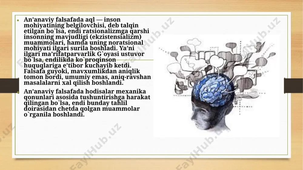 iniy (yaspers, marsel) bo`lib bunday bo`linish nisbiydir. хaydeger, sartr, kamyo`larning ta’limotiga ko`ra, inson o`zining yaratish jarayonini o`zi erkin amalga oshiradi yangi zamon falsafasining yana bir oqimi pragmatizm aјshda keng tarqalgan. umuman olganda, «pragmatizm» foydali faoliyatga undovchi, «foydaga» qanday qilib erishish yo`llari va usullari haqida muloxaza yurituvchi ta’limotdir. bunda «foyda» tushunchasi «tajriba», «haqiqat» tushunchalari bilan aynanlashtiriladi. pragmatizm ta’limotining yirik namoyandalari ch. pirs, u. djems, j. dyui va boshqalardir. ularning ta’limotida olamning o`zgaruvchanligi o`z ifodasini topgan. ular tajribani turli tasodif va kutilmagan vaziyatlarni o`zida mujassamlashtirgan, ongimizdan tezkor qarorlarni kabo`l qilishni talab etuvchi hodisalar majmui sifatida ta’riflaydilar. insonning xatosiz faoliyat ko`rsatishi uchun uning xatti-haraqatlarini boshqarib turuvchi vosita — intellektdir. j. dyui fikricha, intellekt insonni o`rab to`rgan olamdan nusxa oladi, hamda unga muxitga moslashishga yordam beradi. pragmatizm falsafasining maqsadi insonga olamda o`z o`rnini topishga yordam berishdan iborat. dyui tajriba natijasining «foydali» tomoniga e’tiborini qaratadi. djems fikricha, haqiqat foydali bo`lgan narsa yoki hodisadir. pragmatizm aјsh …