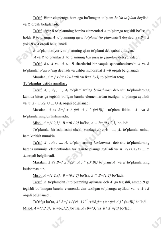 tuzilgan to’plamga aytiladi va u a \ b orqali belgilanadi. ta’rifga ko’ra, a \ b={ x / (x a ) ( ((x b)}= { x / (x a ) ( (x(b)} bo’ladi. misol. a ={1,2,3}, b ={0,1,2} bo’lsa, a \ b={3} va b \ a ={0} bo’ladi. ta’rif. b( a bo’lsa, u holda a \ b to’plam b ni a gacha to’ldiruvchi to’plam deyiladi va u ca b yoki orqali belgilanadi. ta’rif. b( a bo’lsa, u holda a \ b to’plam b ni a gacha to’ldiruvchi to’plam deyiladi va u ca b yoki orqali belgilanadi. misol. a ={0,1,2,3,4}, b ={0,1,2} bo’lsa, ={3,4} bo’ladi. tayanch tushunchalar. mulohaza, inkor, kon’yunktsiya, diz’yunktsiya, implikatsiya va ekvivalentsiya amallari, umumiylik va mavjudlik kvantorlari, to’plam, to’plam elementlari, qism to’plam, bo’sh to’plam, to’plamlar ustida amallar. haqiqiy sonlar aksiomatikasi. maktab matematikasida haqiqiy sonlar o’rganiladi. bizga ma’lumki, dastlabki kiritiladigan sonlar – bu natural sonlardir. natural sonlar deb sanashda ishlatiladigan sonlarga …
