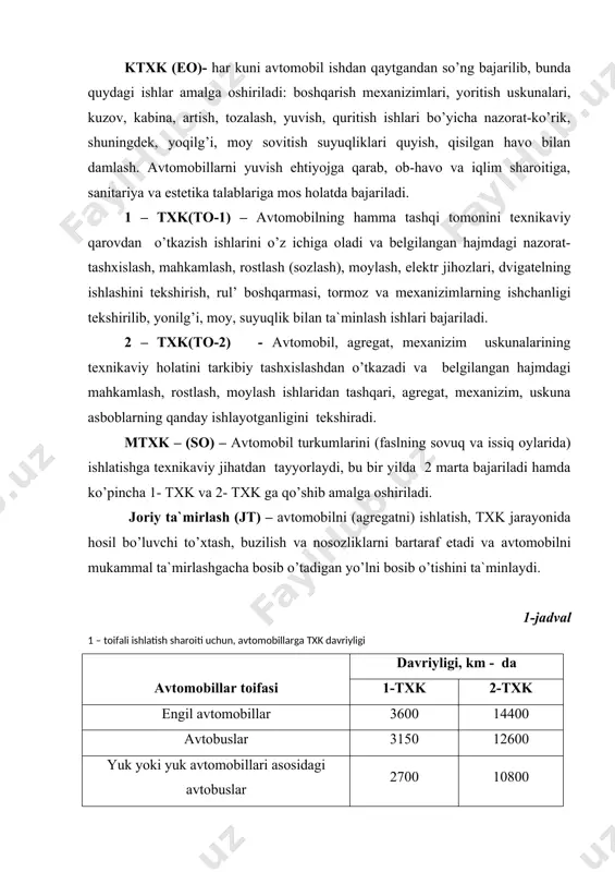ziladi. avtomobilning ishlashi txk jarayonida yoki ishdan qaytgandan so’ng tekshirishlar natijasida jt ga talab ehtiyoj tug’iladi. jt da ajratish, chilangarlik, payvandlash, shuningdek, agregatlar alohida uzel va detallarni almashtirish amalga oshiriladi. jt ni haqiqiy davriyligicha bog’liq holda o’tkazilishi uning tez-tez takrorlanib turuvchi ko’rinishi majburiy bajariladigan ishlar tarkibiga kiradi. bunday ta`mirlash txk dan alohida bajariladi. agarda txk ga qo’shib bajarilsa, birgalikdagi joriy ta`mirlash deyiladi. mukammal ta`mirlash avtomobilning texnikaviy holatini puxta o’rganish, texnikaviy ko’rik va bosib o’tgan yo’liga bog’liq holda tashxislash va ehtiyot qism sarfi natijalariga ko’ra o’tkaziladi. mukammal ta`mirlashda agregatlar alohida echib olinadi, so’ngra uzel va detallarga ajratiladi, ular ta`mirlanib tiklanadi yoki almashtiriladi. 3. avtotransport korxonalarida texnik xizmat ko’rsatish ishlarini tashkil etish uslublari. atk dagi ishlab chiqarishni zimmasiga harakatlanuvchi takibga eng kam chiqim sarflab hamda postda avtomobillarni qisqa vaqt to’xtatib, txk va t ishlarini bajarish hamda ishlab chiqarish (1) samaradorligini oshirish uchun hamma tadbirlarni amalga oshirish vazifasi yuklangan. avtomobillarni va asosiy agregatlarni …