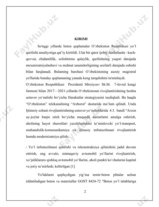 a temir-beton plitalar uchun ishlatiladigan beton va materiallar gost 8424-72 "beton yo’l talablariga javob berishi kerak. yo’lak plitalari quydagi talblarga javob berishin lozim gost 13015-67 “ temirbeton buyumlari. yo’lak qoplamsai, yeg’ma temir-beton plitalar uchun ummumiy talablar” gost “shahar yo'llari uchun temir-beton plitalar" va gost 21924-84 “yo’lak qoplamalari uchun oldindan zo’riqtirilgan temir-beton plitalar. konstruksiya va o’lchamlar” yo'l-qurilish uchun temir-beton plitalari keng ko'lamdagi nomenklaturaga ega. eng ko’p uchraydigan oldindan zo’riqtirilgan plitalar 1pb 60,18 ni tashkil qiladi. ushbu plitalar yo'llaming beton qoplamasi, aerodromlaming va hokazolaming beton qoplamasi sifatida ishlatiladi. yeg’ma temir-beton buyumlarini ishlab chiqarilishining rivojlanishi qurilishni sanoatlashtirishning birinchi va asosiy ishartdir. bugungi kunda yurtlmizda yeg’ma temir-beton konstruktsiyalari va buyumlarini ishlab chiqarish tashkil etilgan , bu esa zamonaviy qurilishning barcha sohalarida, jumladan, yo’l qurilishida ham foydalanish imkoniyatini beradi. [2] hozirgi kunda va keyingi davrda yeg’ma temir-beton asosiy qurilish materiallari bo'lib qoladi. temir-beton konstruksiyalaririi qurilishda qo’llash keng miqiyosdagi va yuqori tezlikda qurilish ishlarini olib boorish …