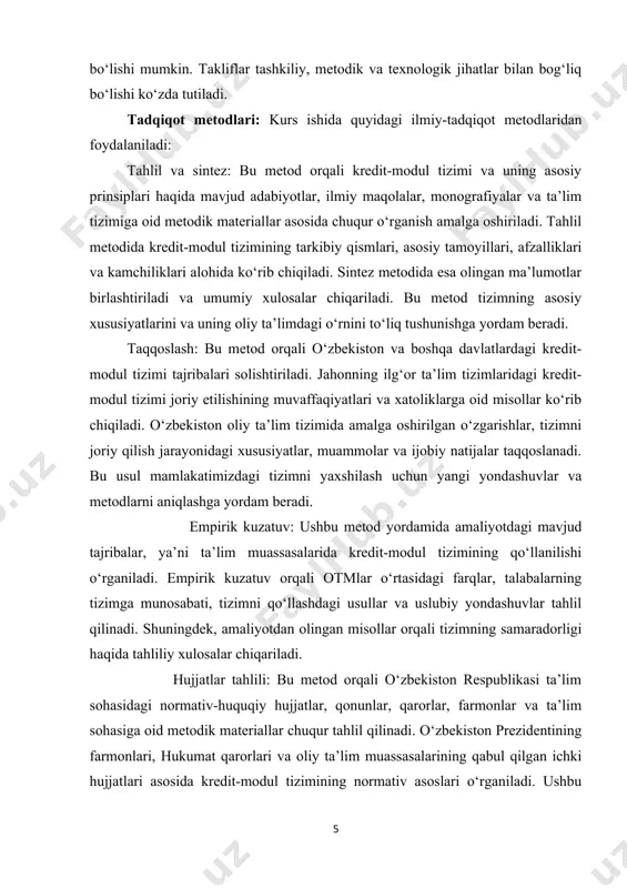 ining nazariy asoslari 1.1. kredit-modul tizimining mazmuni va mohiyati 1.2. jahon tajribasida kredit-modul tizimining qo‘llanilishi 1.3. kredit-modul tizimining afzalliklari va kamchiliklari 2-bob. o‘zbekiston oliy ta’limida kredit-modul tizimiga qo‘yiladigan talablar 2.1. tizimni joriy etishdagi normativ-huquqiy asoslar 2.2. baholash mezonlari va pedagogik yondashuvlar 2.3. amaliy tajribalar va takliflar 1-bob. kredit-modul tizimining nazariy asoslari 1.1. kredit-modul tizimining mohiyati va mazmuni o‘zbekiston respublikasi prezidentining 2017-yil 7-fevraldagi pf-4947-sonli farmoni bilan tasdiqlangan “2017-2021-yillarda o‘zbekiston respublikasini rivojlantirishning beshta ustuvor yo‘nalishi bo‘yicha harakatlar strategiyasi”da milliy kadrlarning raqobatbardoshligi va umumjahon amaliyotiga asoslangan oliy ta’lim milliy tizimining sifati oshishiga, bolonya jarayoni ishtirokchi-mamlakatlari diplomlarini o‘zaro tan olishga, o‘qituvchi va talabalar bilan almashuv dasturlarini amalga oshirishga ko‘maklashuvchi 1999-yil 19-iyundagi bolonya deklaratsiyasiga qo‘shilish masalasini ko‘rib chiqish belgilab qo‘yilgan. mamlakatimizda ijtimoiy, iqtisodiy, siyosiy, ma’naviy hayotda tub o‘zgarishlar sodir bo‘lmoqda. ayniqsa, ta’lim sohasidagi islohotlarda “ta’lim to‘g‘risida”gi qonunning yangi tahrirda qabul qilinishi muhim o‘rin tutadi. har bir mamlakatning rivojlanishi yoki aksincha, inqirozga yuz tutishi mamlakatdagi ta’lim …