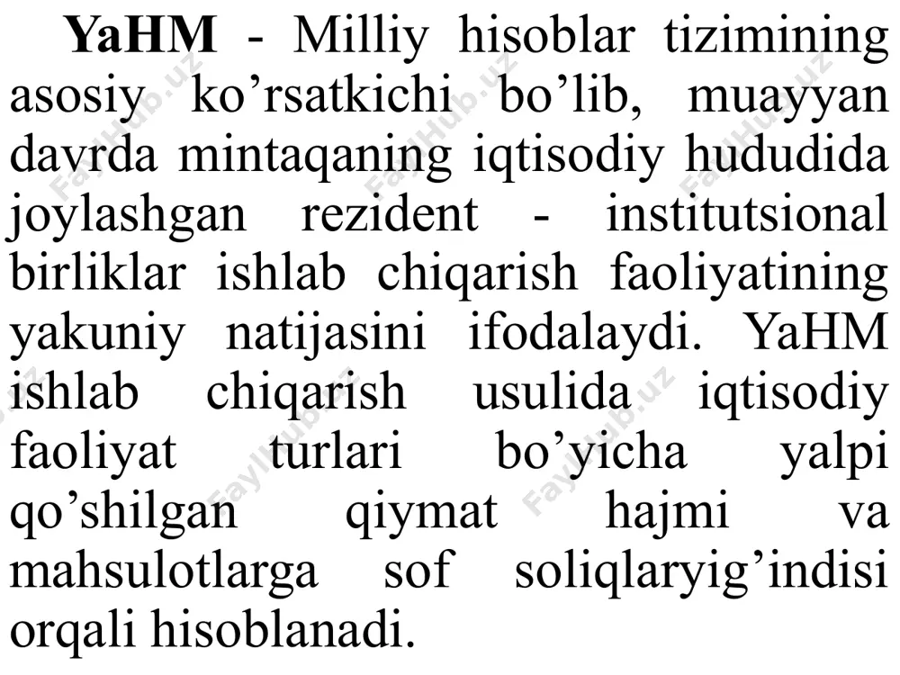 ishlangandan keyin qiymati 100 pul birligiga yetkazildi (qoʻshilgan qiymat=40). ulgurji va chakana savdo korxonalarida qoʻshilgan qiymat 75 pul birligini tashkil etdi (100+25=125; 125+50=175). shunday qilib, piro-vard natijada sotuvning umumiy qiymati 460 pul birligini, qoʻshilgan qiymat 175 pul birligini tashkil etadi. qoʻshilgan qiymat miqdori darajasini bozor hal qiladi. nafliligi yuqori tovarni bozor maʼqullab, uning haqini toʻlaganda, xarajat oʻzgarmagan taqdirda ham. qoʻshilgan qiymat yuqori boʻlishi mumkin. nafliligi past boʻlganda buning aksi yuz beradi. qiymatga qoʻshimcha qoʻshilishi ishlab chiqarishda, eng avval mikro, yaʼni firmalar darajasida yuz beradi, ammo uning naqadar maqbulligini bozor hal qiladi. qoʻshilgan qiymat narx tarkibiga kiradi va buning uchun belgilangan soliq (qoʻshilgan qiymat soligʻi)ni isteʼmolchi toʻlaydi. qoʻshilgan qiymatning oz yoki koʻp boʻlishiga qarab ishlab chiqarish samaradorligini aniqlash mumkin. korxona va sektorlar doirasida qoʻshilgan qiymat miqdori qanchalik yuqori boʻlsa, pirovard natija ham shunchalik yuqori boʻladi. oʻzbekistonda qoʻshilgan qiymat tushunchasi va uni hisoblash amaliyoti 20-asrning 90-yillari boshidan qoʻllanila boshladi. tаqsimlаsh usuli. yaim …
