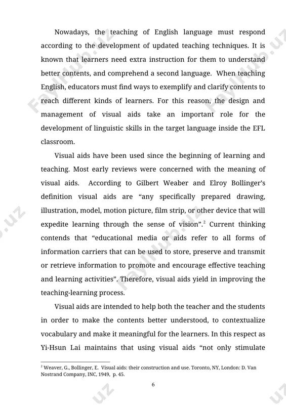 . in this respect as yi-hsun lai maintains that using visual aids “not only stimulate students’ learning interest, but students can also interact with these visual aids, and can relate them to their past experience or their daily life experience”. this leads us to confirm that using visual aids properly in the teaching-learning process stimulate students to participate and be familiarized with their own experiences. not exempt of defining visual aids, as m, jessa claims that they “refer to graphs, maps, pictures etc. used as aids in learning” and these can be separable into four categories:[footnoteref:3] [3: jesa, m. . efficient english teaching. s.b. nangia. aph publishing corporation, 2008, p. 93] - non-projected 2d: wall board, roll-up board, picture, poster, chart, cartoon, cue sheet, flannel board, flash card; - non-projected 3d: cut-out, model, mock-up, puppet, marionette, diorama, vocabulary wheel, keyboard, teaching machine; - projected 3d: slide, transparency sheet, film strip, …