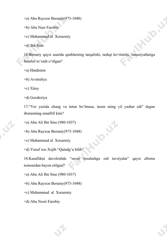ning geosferalari qaysi javobda ko‘rsatilgan? +a) havo qatlami-atmasfera, suv qatlami-gidrosfera, qattiq qatlam-litosfera. =b) suv qatlami-gidrosfera, qattiq qatlam-litosfera =c) troposfera-xavo qatlami, suv qatlami-gidrosfera, qattiq qatlam-litosfera =d) yerning tirik organizmlari 37.biosfera yerning qanday qobig‘i? +a) hayot qobig’i. =b) suv qobig’i =c) azon qatlami qobig’i =d) litosfera sirtqi qobig’i 38.quyosh markazida tempuratura necha darajada bo‘ladi? +a) 20mln. =b) 50 mln =c) 30 mln =d) 40 mln 39. «tabiatshunoslik» fani rivojlanishi 1 bosqichi qaysi davrlarni o‘z ichiga oladi? +a) 1-bosqich eramizgacha bo`lgan 8-6 asrlargacha =b) 2-bosqich eramizgacha bo`lgan 5-6 asrlargacha =c) 3-bosqich eramizgacha bo`lgan 4-6 asrlargacha =d) 2-bosqich eramizgacha bo’lgan 8-5 asrgacha 40.qadimgi grek olimlaridan kimlar dunyoning atomlardan tuzilganligi haqida farazni bildirishdi? +a) demakrit, epikyur =b) aristotel, gippokrat =c) gippokrat, kongle =d) distervega,gippokrat 41.qadimgi grek olimdan kim ushbu fikrni aytgan “sababsiz hech narcha hosil bo‘lmasligini va hech narsa izsiz yo‘qolib ketmaydi”.? +a) empedokl =b) demakrit =c) gippokrat =d) arestotel 42.qaysi grek olimi anatomiya, botanika, …