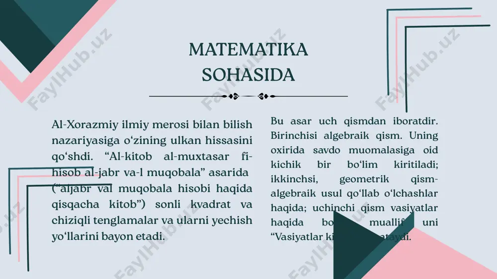 ruhiyat va ta'lim-tarbiya haqida» nomli risolalarida juda yaxshi bayon etishgan. beruniyning «mineralogiya» asarida faqat qimmatbaho metallar, toshlar haqida emas, hunarmandchilikka oid, shogird tayyorlash jarayoni, ustalarning hunar o‘rgatish metodlari haqida ham qimmatli fikrlar bayon etilgan. bunda hozirgi pedagogika fani tili bilan aytganda, shaxsiy namuna metodidan foydalangani, ish jarayoni bevosita ham nazariy, ham amaliy jihatdan ustaxonaning o‘zida bajarilgani shogirdlarning malakali usta bo‘lib yetishishida katta ahamiyatga ega bo‘lgan. adabiyotlar ro‘yxati 1. hoshimov k., nishonova s., inomova m., hasanov r. pedagogika tarixi – t.: o‘qituvchi, 1996. 2. hashimov k., nishonova s. pedagogika tarixi. – t.: “istiglol” nashriyoti, 2005. 3. pedagogika tarixi. ma’ruzalar matnlari: madyarova s.a., jo‘raboev d. – t.: 2001 yil. e'tiboringiz uchun rahmat! image9.svg image10.png image11.svg image1.jpeg image2.png image3.svg image4.png image5.svg image6.png image7.svg image8.png image12.jpeg /docprops/thumbnail.jpeg